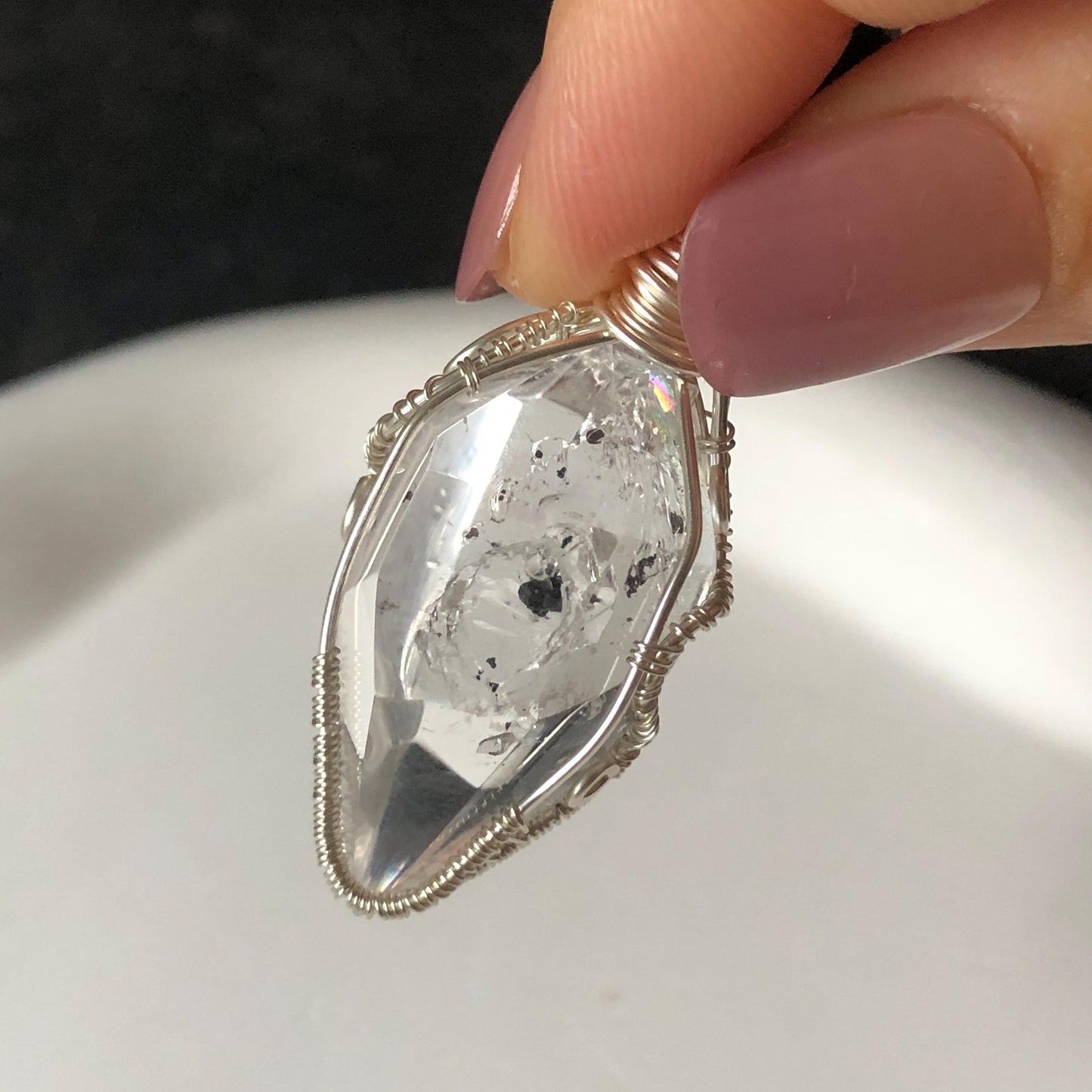 Rare Polished Enhydro Quartz (Herkimer Diamond) Wire Wrapped Pendant Adjustable Choker Necklace: Multiple Moving Sand & Bubble with Black Tourmaline Inclusion Crystal | Natural Gemstone Birthstone Gift for her  enhydro quartz sand water-fall gemstone charm stone pendant choker polished stone pendant crystal charm birthstone gift for her men necklace chakra crystal purify stone minerals specimen adjustable choker silver wire wrapped pendant inclusion crystal meditation stone