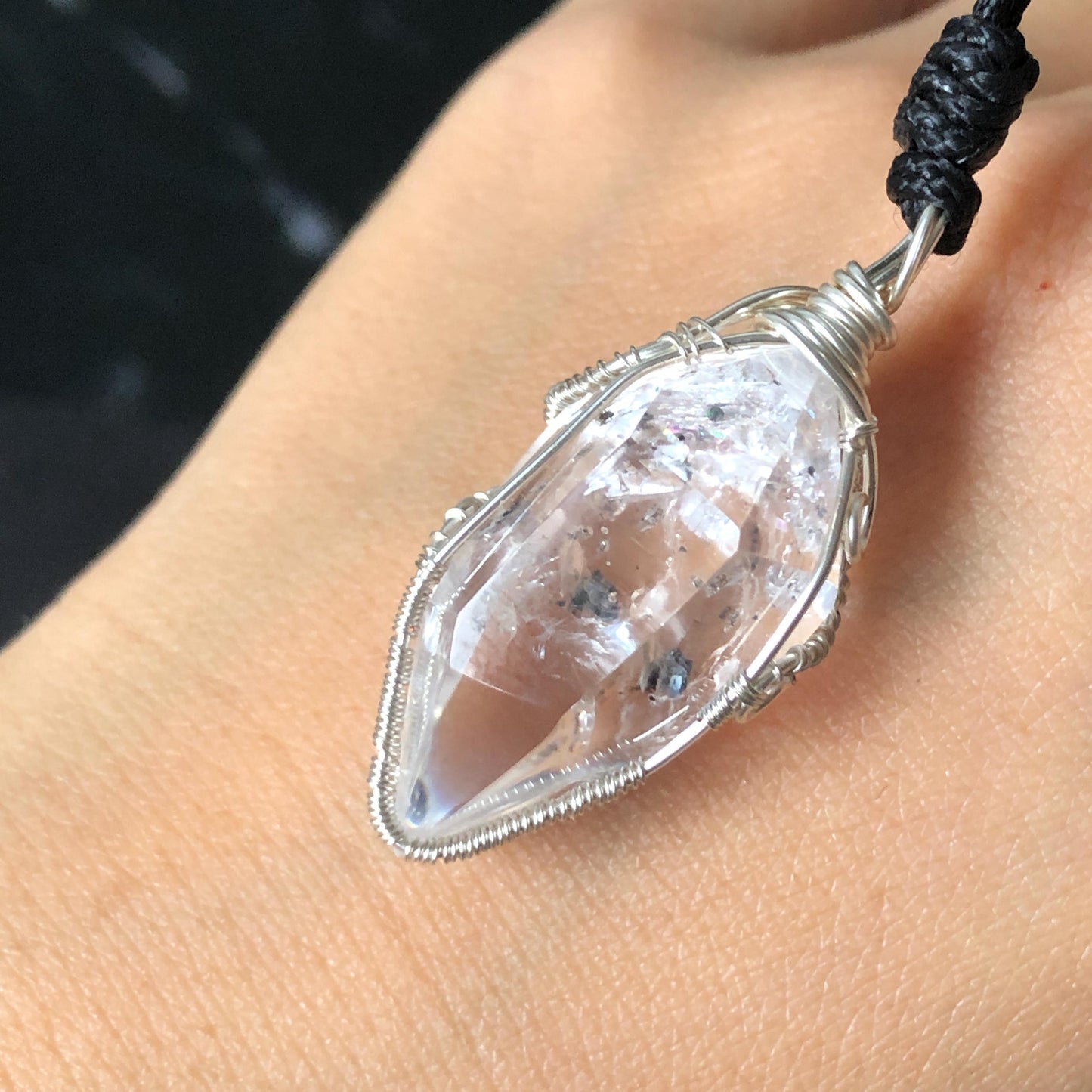 Rare Polished Enhydro Quartz (Herkimer Diamond) Wire Wrapped Pendant Adjustable Choker Necklace: Multiple Moving Sand & Bubble with Black Tourmaline Inclusion Crystal | Natural Gemstone Birthstone Gift for her  enhydro quartz sand water-fall gemstone charm stone pendant choker polished stone pendant crystal charm birthstone gift for her men necklace chakra crystal purify stone minerals specimen adjustable choker silver wire wrapped pendant inclusion crystal meditation stone
