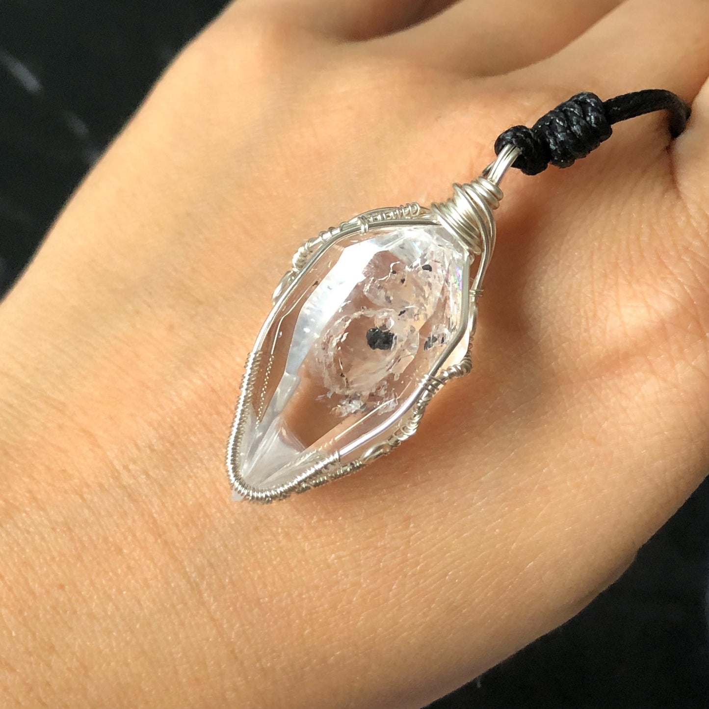 Rare Polished Enhydro Quartz (Herkimer Diamond) Wire Wrapped Pendant Adjustable Choker Necklace: Multiple Moving Sand & Bubble with Black Tourmaline Inclusion Crystal | Natural Gemstone Birthstone Gift for her  enhydro quartz sand water-fall gemstone charm stone pendant choker polished stone pendant crystal charm birthstone gift for her men necklace chakra crystal purify stone minerals specimen adjustable choker silver wire wrapped pendant inclusion crystal meditation stone