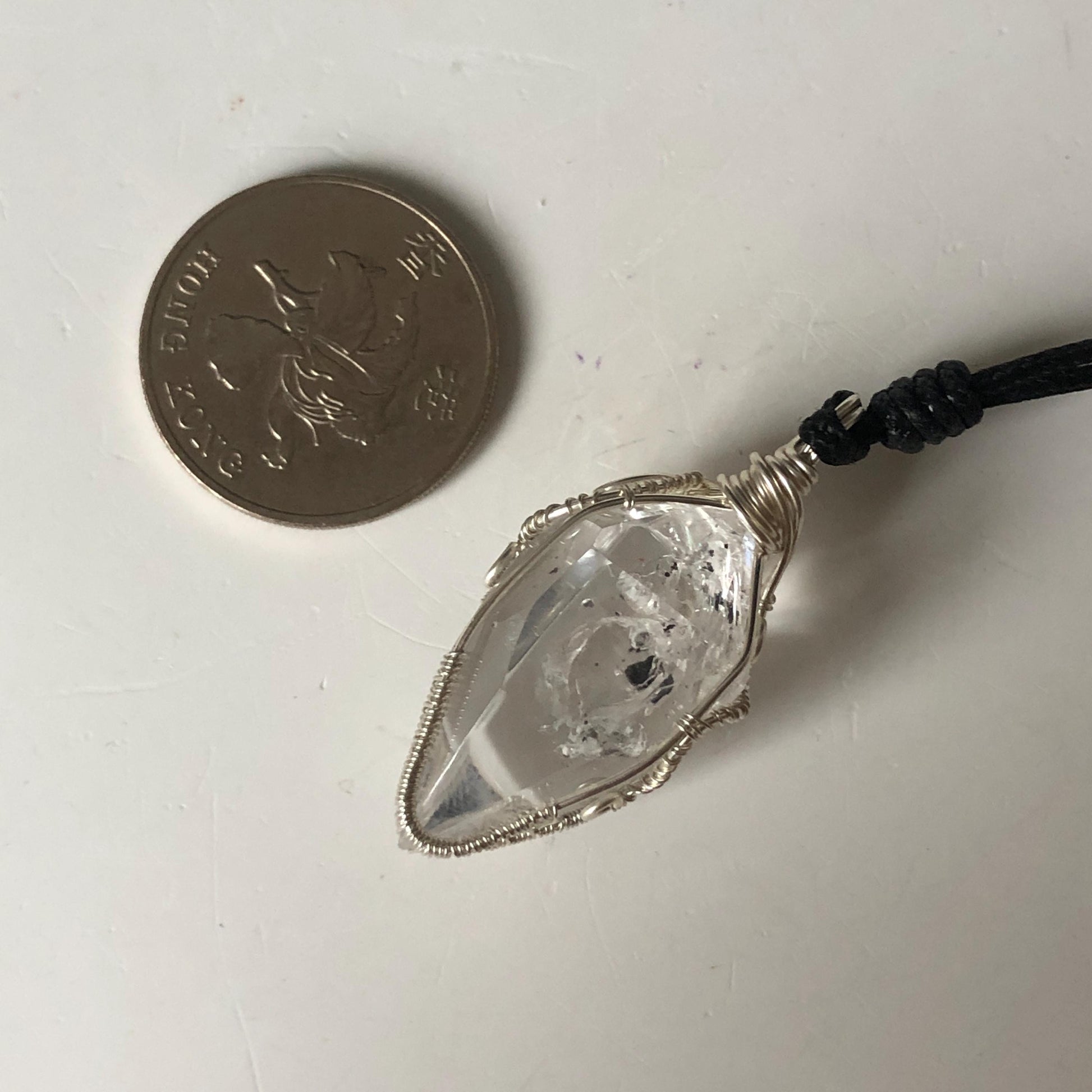 Rare Polished Enhydro Quartz (Herkimer Diamond) Wire Wrapped Pendant Adjustable Choker Necklace: Multiple Moving Sand & Bubble with Black Tourmaline Inclusion Crystal | Natural Gemstone Birthstone Gift for her  enhydro quartz sand water-fall gemstone charm stone pendant choker polished stone pendant crystal charm birthstone gift for her men necklace chakra crystal purify stone minerals specimen adjustable choker silver wire wrapped pendant inclusion crystal meditation stone