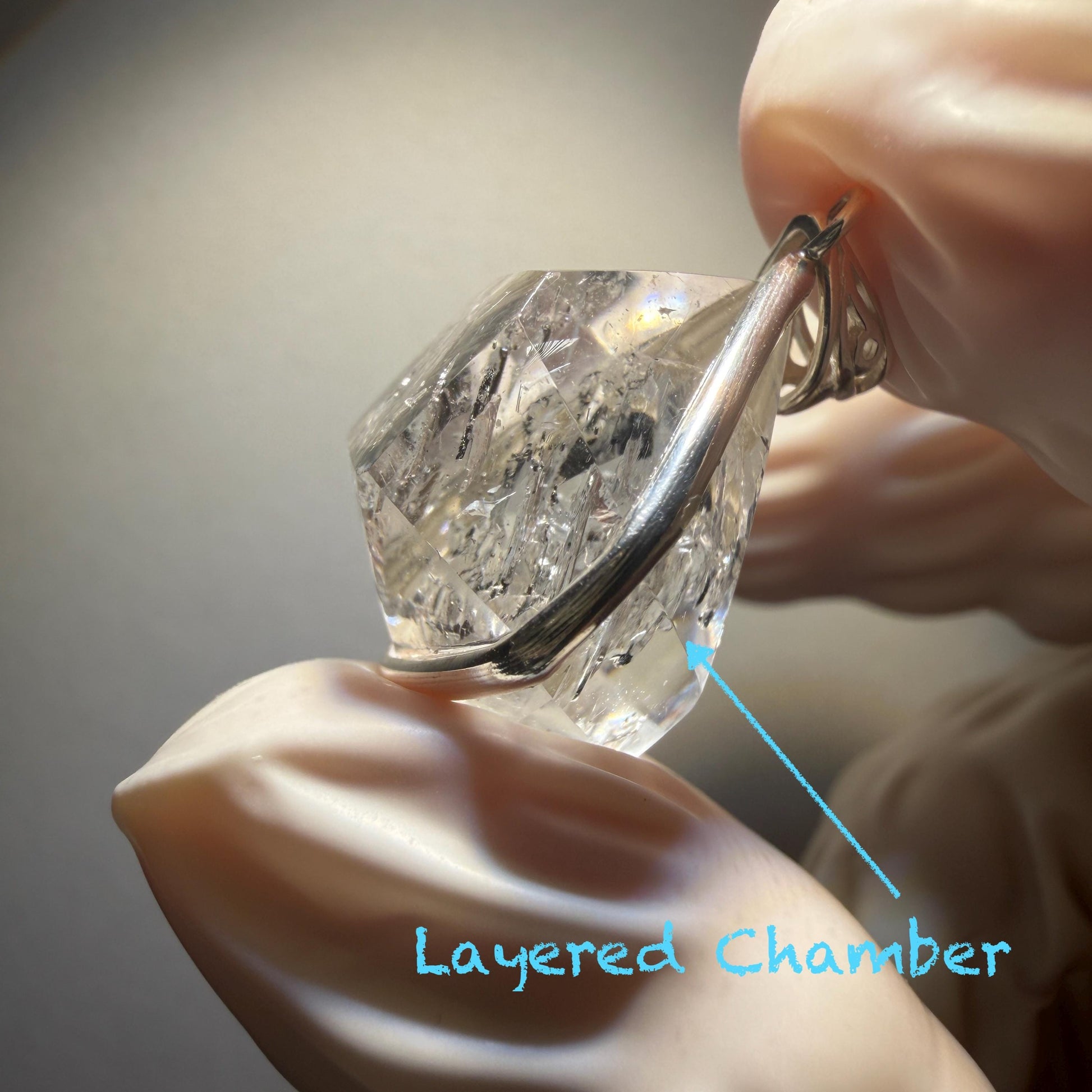 Polished Enhydro Quartz (Herkimer Diamond) Wire Wrapped Small S925 Silver Pendant Adjustable Necklace: Moving Sand Waterfall with Shifting Bubble Inclusion Crystal Natural Gemstone Birthstone Gift for her enhydro quartz sand water-fall pendant necklace choker gemstone charm stone pendant choker polished stone pendant crystal charm birthstone men necklace chakra crystal purify stone minerals specimen adjustable choker silver wire wrapped pendant sand inclusion crystal charm quick sand