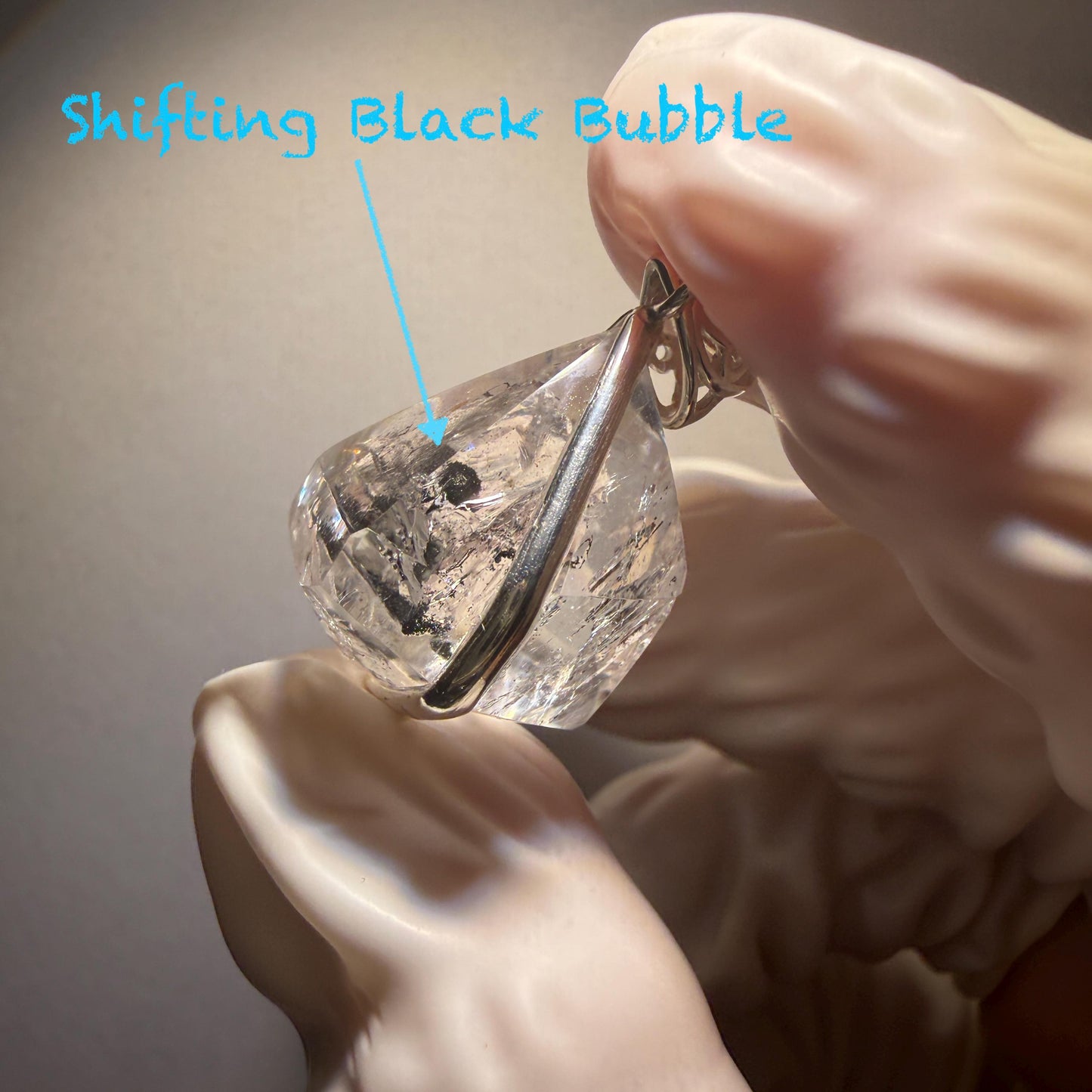 Polished Enhydro Quartz (Herkimer Diamond) Wire Wrapped Small S925 Silver Pendant Adjustable Necklace: Moving Sand Waterfall with Shifting Bubble Inclusion Crystal Natural Gemstone Birthstone Gift for her enhydro quartz sand water-fall pendant necklace choker gemstone charm stone pendant choker polished stone pendant crystal charm birthstone men necklace chakra crystal purify stone minerals specimen adjustable choker silver wire wrapped pendant sand inclusion crystal charm quick sand