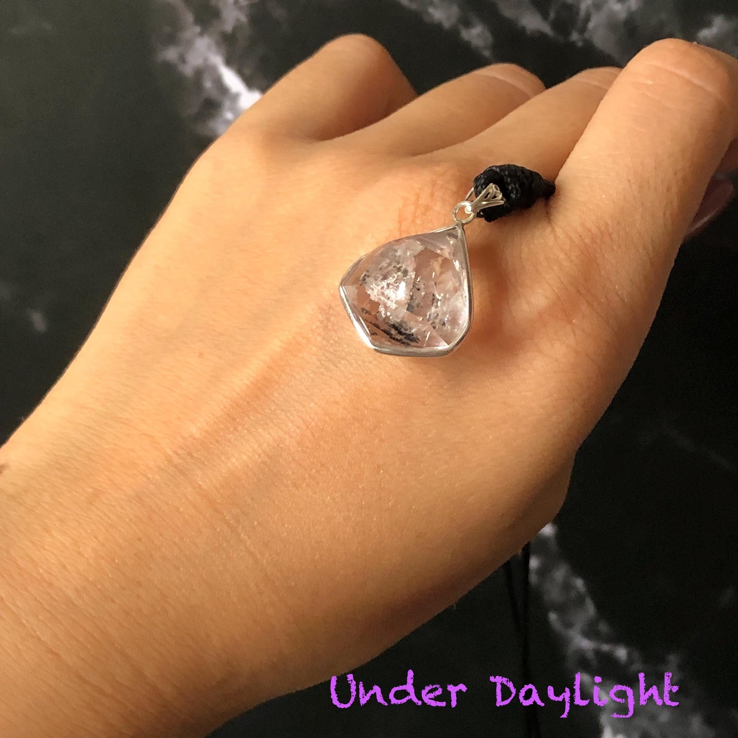 Polished Enhydro Quartz (Herkimer Diamond) Wire Wrapped Small S925 Silver Pendant Adjustable Necklace: Moving Sand Waterfall with Shifting Bubble Inclusion Crystal Natural Gemstone Birthstone Gift for her enhydro quartz sand water-fall pendant necklace choker gemstone charm stone pendant choker polished stone pendant crystal charm birthstone men necklace chakra crystal purify stone minerals specimen adjustable choker silver wire wrapped pendant sand inclusion crystal charm quick sand