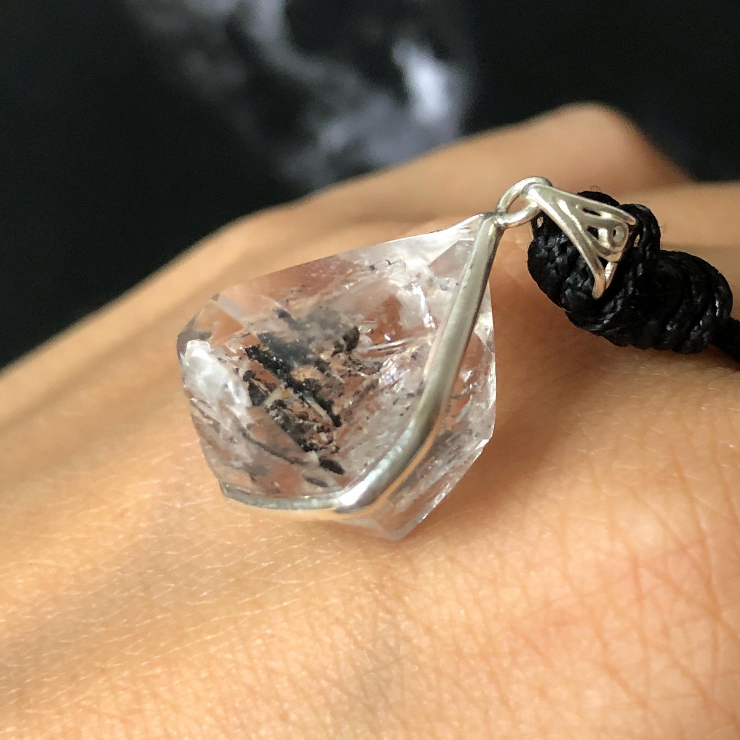Polished Enhydro Quartz (Herkimer Diamond) Wire Wrapped Small S925 Silver Pendant Adjustable Necklace: Moving Sand Waterfall with Shifting Bubble Inclusion Crystal Natural Gemstone Birthstone Gift for her enhydro quartz sand water-fall pendant necklace choker gemstone charm stone pendant choker polished stone pendant crystal charm birthstone men necklace chakra crystal purify stone minerals specimen adjustable choker silver wire wrapped pendant sand inclusion crystal charm quick sand