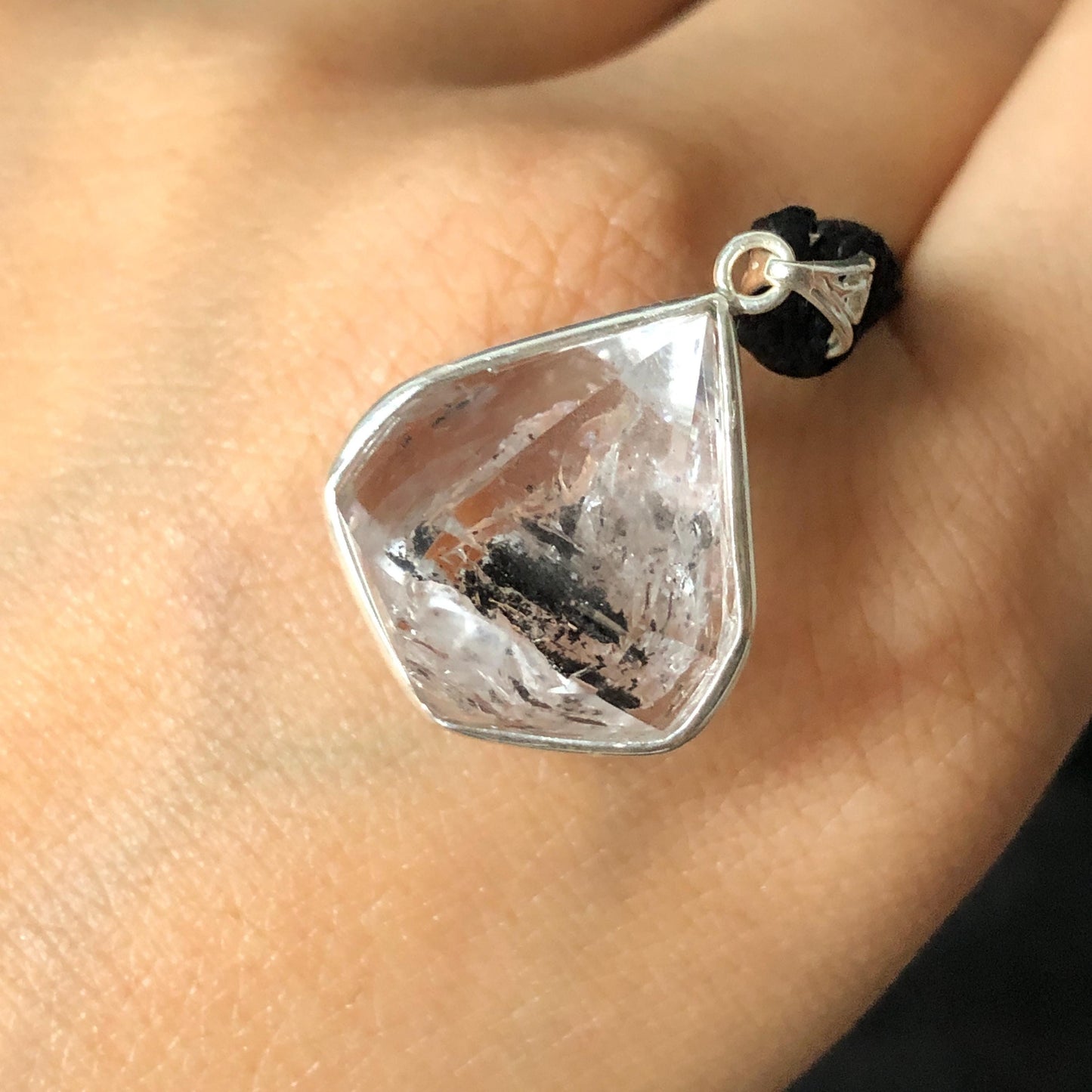Polished Enhydro Quartz (Herkimer Diamond) Wire Wrapped Small S925 Silver Pendant Adjustable Necklace: Moving Sand Waterfall with Shifting Bubble Inclusion Crystal Natural Gemstone Birthstone Gift for her enhydro quartz sand water-fall pendant necklace choker gemstone charm stone pendant choker polished stone pendant crystal charm birthstone men necklace chakra crystal purify stone minerals specimen adjustable choker silver wire wrapped pendant sand inclusion crystal charm quick sand