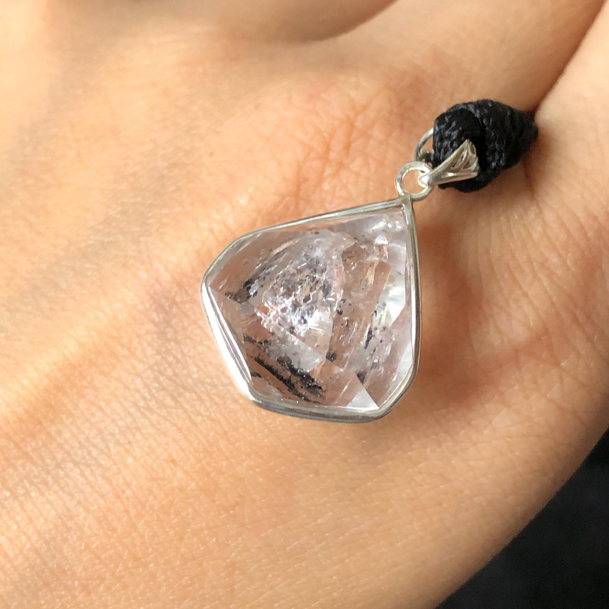 Polished Enhydro Quartz (Herkimer Diamond) Wire Wrapped Small S925 Silver Pendant Adjustable Necklace: Moving Sand Waterfall with Shifting Bubble Inclusion Crystal Natural Gemstone Birthstone Gift for her enhydro quartz sand water-fall pendant necklace choker gemstone charm stone pendant choker polished stone pendant crystal charm birthstone men necklace chakra crystal purify stone minerals specimen adjustable choker silver wire wrapped pendant sand inclusion crystal charm quick sand