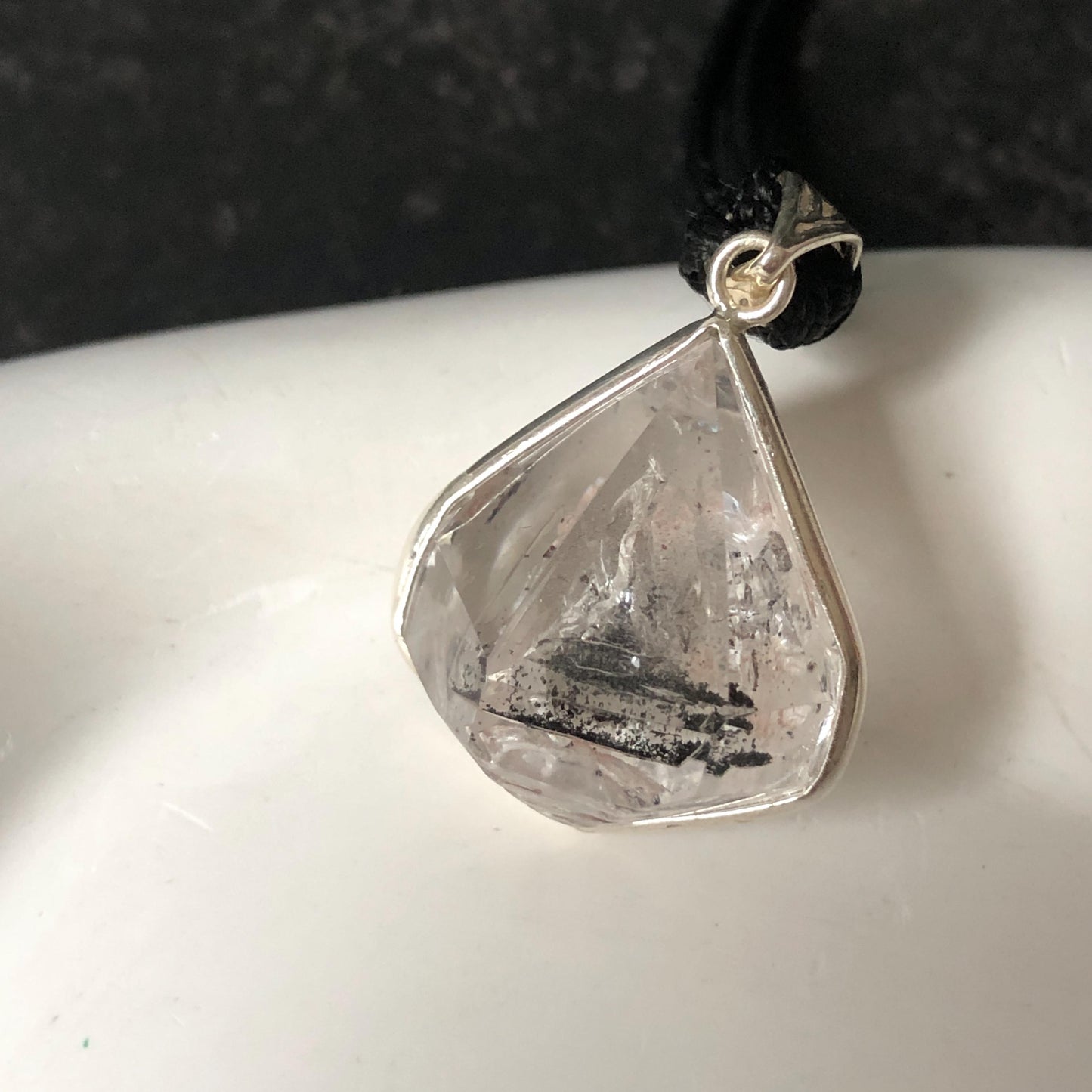 Polished Enhydro Quartz (Herkimer Diamond) Wire Wrapped Small S925 Silver Pendant Adjustable Necklace: Moving Sand Waterfall with Shifting Bubble Inclusion Crystal Natural Gemstone Birthstone Gift for her enhydro quartz sand water-fall pendant necklace choker gemstone charm stone pendant choker polished stone pendant crystal charm birthstone men necklace chakra crystal purify stone minerals specimen adjustable choker silver wire wrapped pendant sand inclusion crystal charm quick sand