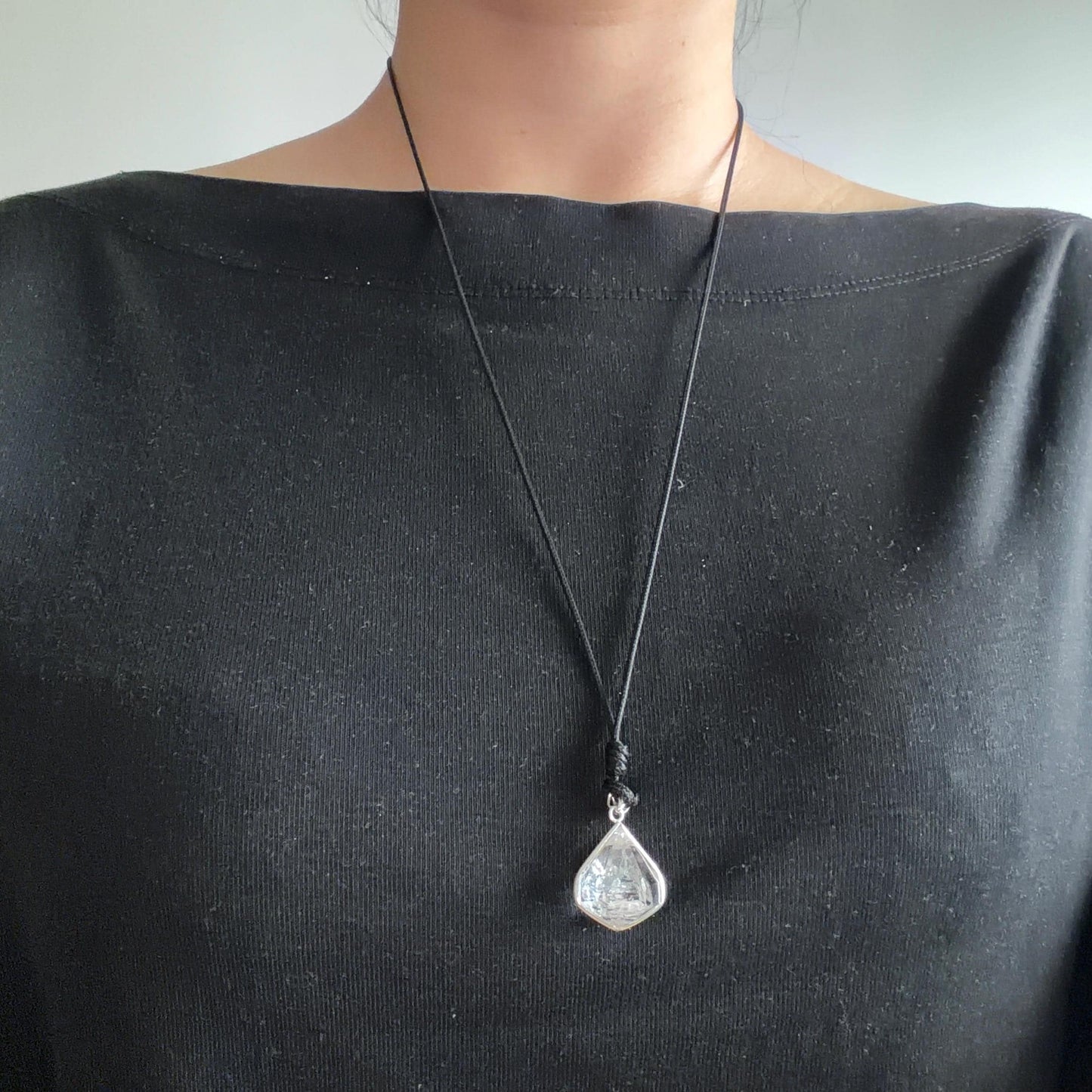 Polished Enhydro Quartz (Herkimer Diamond) Wire Wrapped Small S925 Silver Pendant Adjustable Necklace: Moving Sand Waterfall with Shifting Bubble Inclusion Crystal Natural Gemstone Birthstone Gift for her enhydro quartz sand water-fall pendant necklace choker gemstone charm stone pendant choker polished stone pendant crystal charm birthstone men necklace chakra crystal purify stone minerals specimen adjustable choker silver wire wrapped pendant sand inclusion crystal charm quick sand