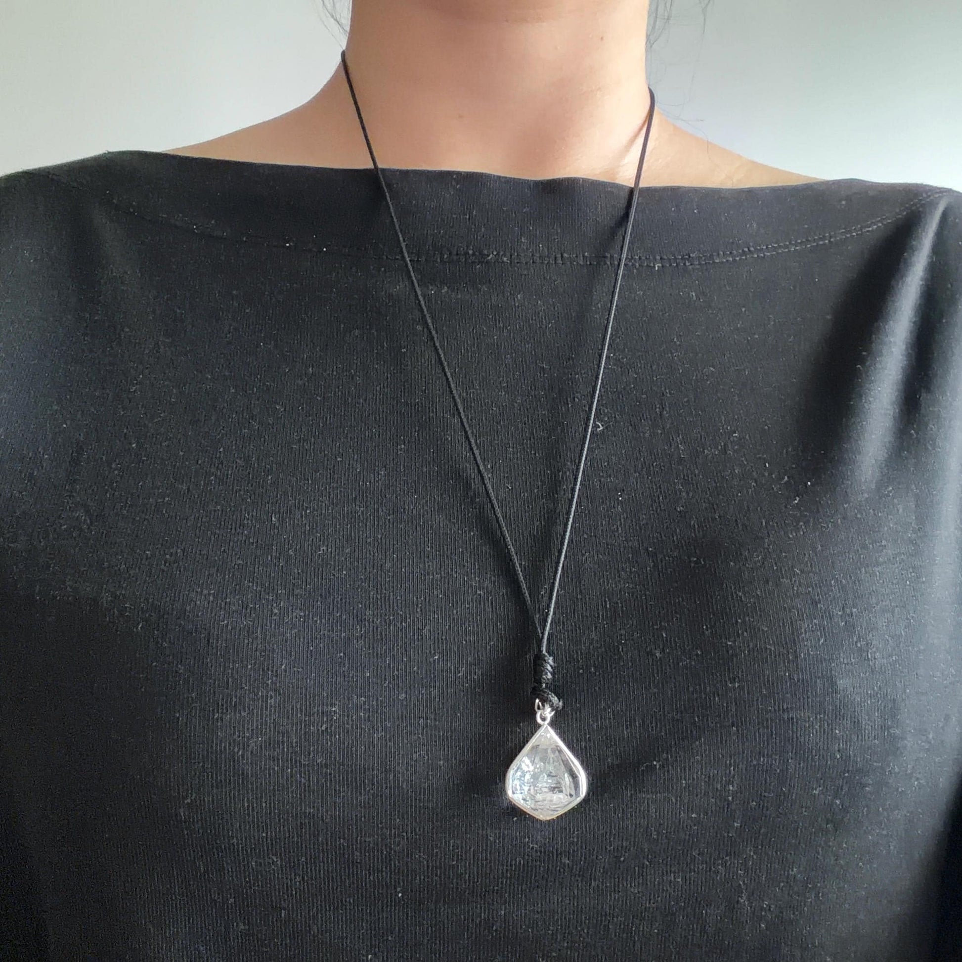 Polished Enhydro Quartz (Herkimer Diamond) Wire Wrapped Small S925 Silver Pendant Adjustable Necklace: Moving Sand Waterfall with Shifting Bubble Inclusion Crystal Natural Gemstone Birthstone Gift for her enhydro quartz sand water-fall pendant necklace choker gemstone charm stone pendant choker polished stone pendant crystal charm birthstone men necklace chakra crystal purify stone minerals specimen adjustable choker silver wire wrapped pendant sand inclusion crystal charm quick sand