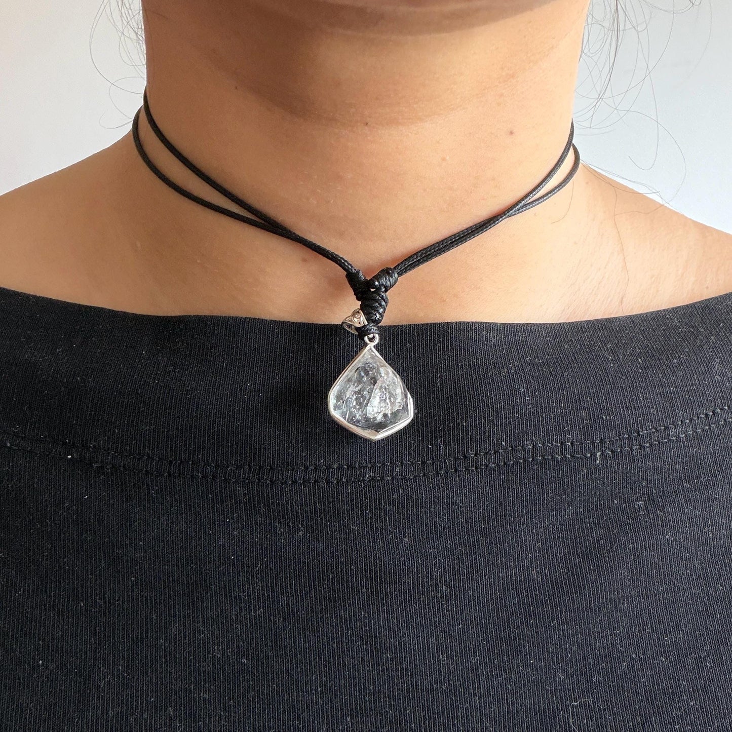 Polished Enhydro Quartz (Herkimer Diamond) Wire Wrapped Small S925 Silver Pendant Adjustable Necklace: Moving Sand Waterfall with Shifting Bubble Inclusion Crystal Natural Gemstone Birthstone Gift for her enhydro quartz sand water-fall pendant necklace choker gemstone charm stone pendant choker polished stone pendant crystal charm birthstone men necklace chakra crystal purify stone minerals specimen adjustable choker silver wire wrapped pendant sand inclusion crystal charm quick sand