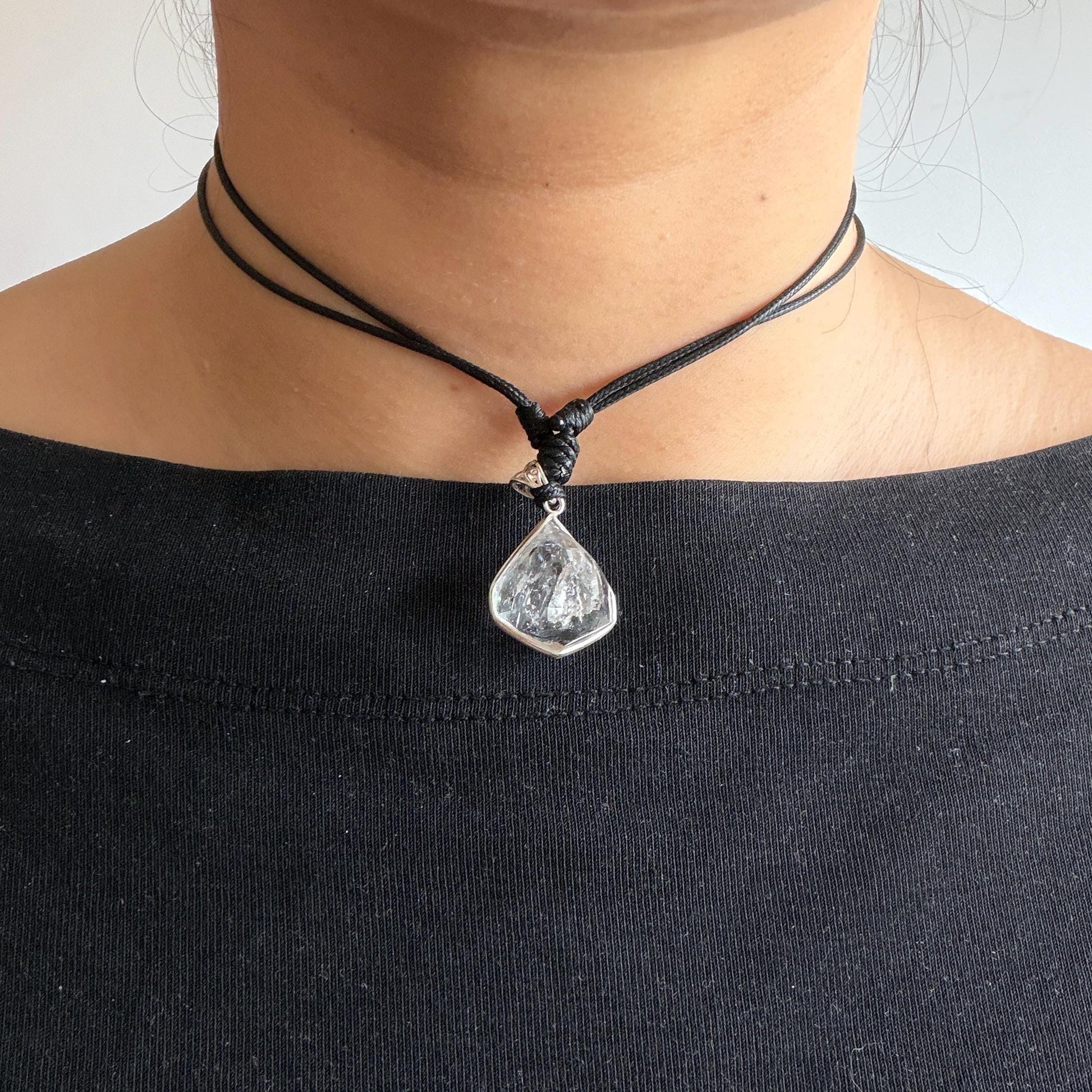 Polished Enhydro Quartz (Herkimer Diamond) Wire Wrapped Small S925 Silver Pendant Adjustable Necklace: Moving Sand Waterfall with Shifting Bubble Inclusion Crystal Natural Gemstone Birthstone Gift for her enhydro quartz sand water-fall pendant necklace choker gemstone charm stone pendant choker polished stone pendant crystal charm birthstone men necklace chakra crystal purify stone minerals specimen adjustable choker silver wire wrapped pendant sand inclusion crystal charm quick sand