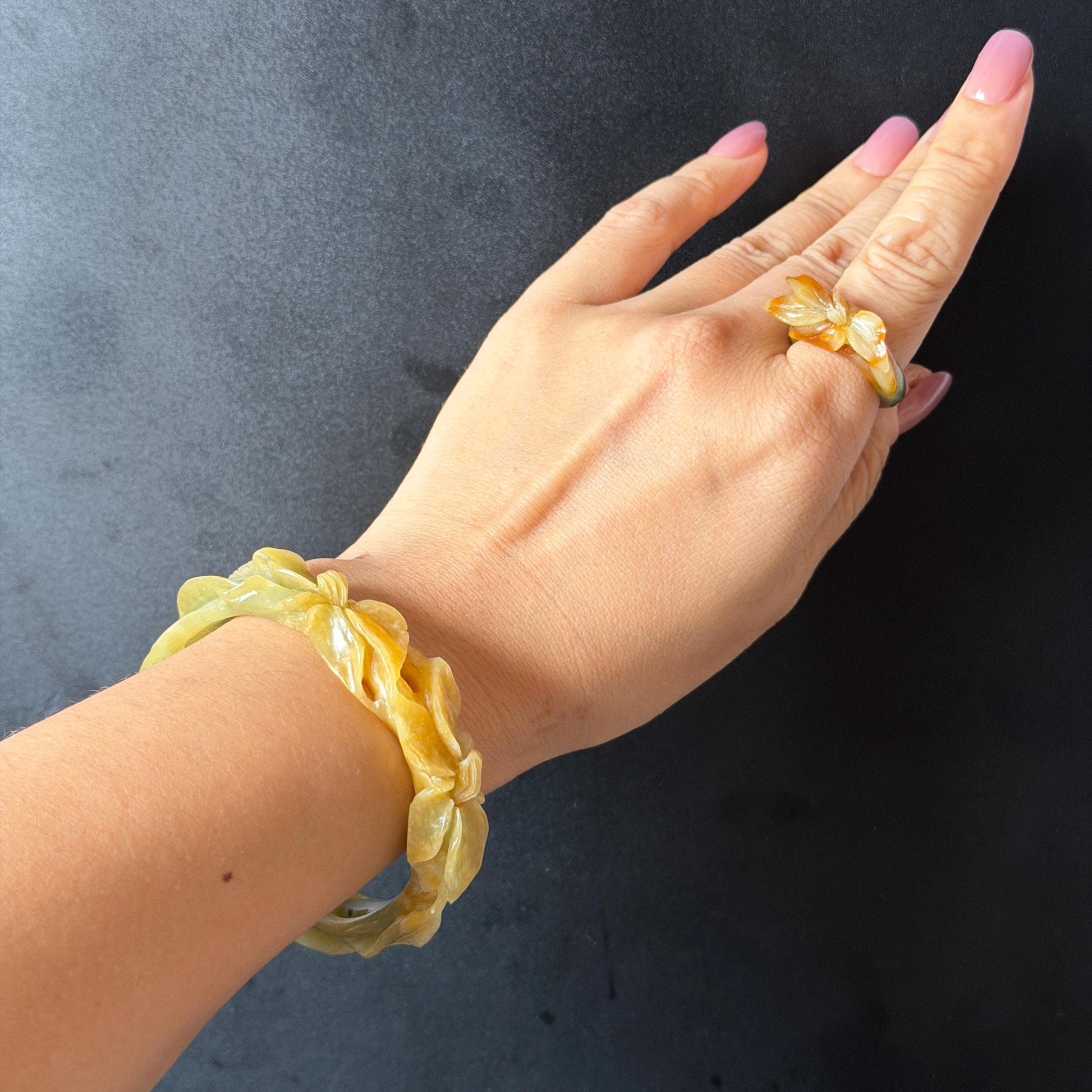 56.2mm Xiu Jade Serpentine Hand Carved Lily flowers Bangle & Ring Set: Natural Yellow Green Jade Handcrafted Bracelet 3D stone carving Gift for her handcrafted bangle jade carving lily carving hand engraved flower bangle flower carving green jade yellow jade 3D carving hollow out carving certified natural jade untreated jade with certificate vintage jade bracelet antique bangle multicolor jade ring carved ring women statement ring stackable ring cocktail ring