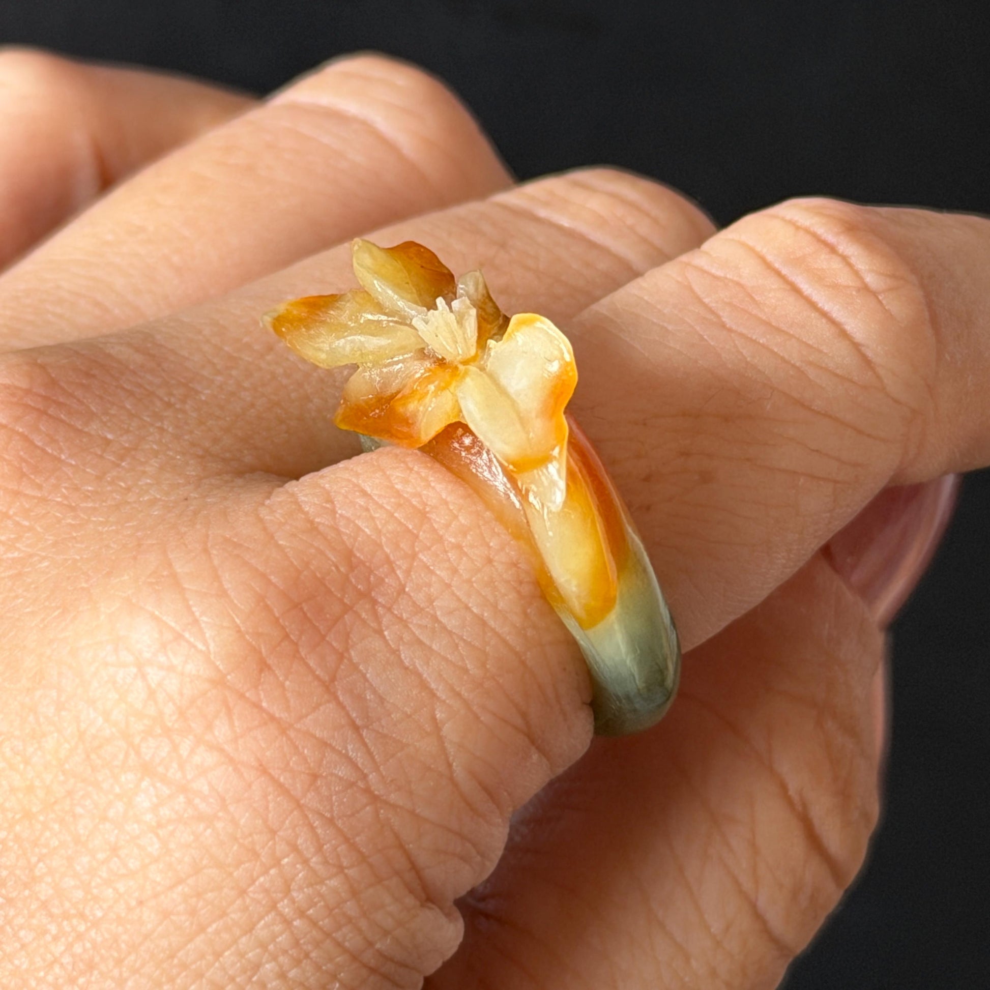 56.2mm Xiu Jade Serpentine Hand Carved Lily flowers Bangle & Ring Set: Natural Yellow Green Jade Handcrafted Bracelet 3D stone carving Gift for her handcrafted bangle jade carving lily carving hand engraved flower bangle flower carving green jade yellow jade 3D carving hollow out carving certified natural jade untreated jade with certificate vintage jade bracelet antique bangle multicolor jade ring carved ring women statement ring stackable ring cocktail ring