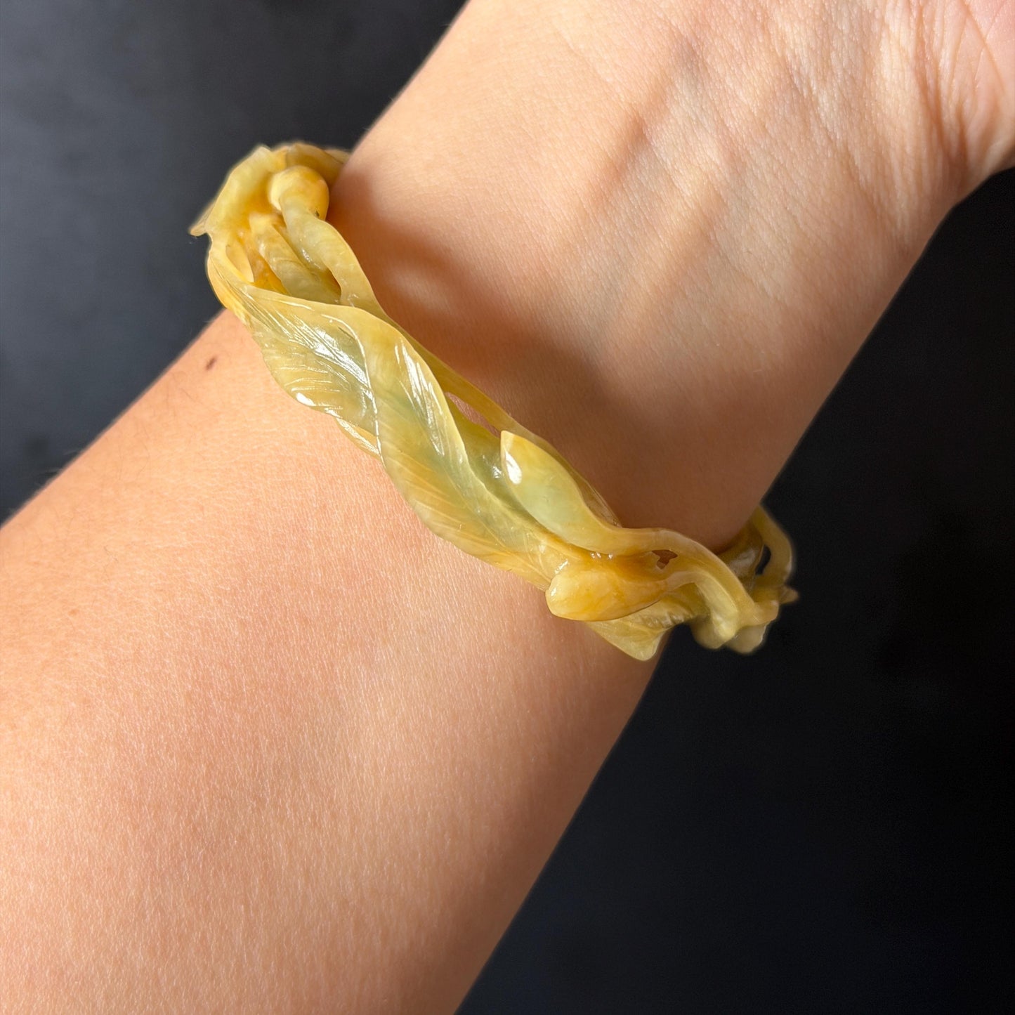 56.2mm Xiu Jade Serpentine Hand Carved Lily flowers Bangle & Ring Set: Natural Yellow Green Jade Handcrafted Bracelet 3D stone carving Gift for her handcrafted bangle jade carving lily carving hand engraved flower bangle flower carving green jade yellow jade 3D carving hollow out carving certified natural jade untreated jade with certificate vintage jade bracelet antique bangle multicolor jade ring carved ring women statement ring stackable ring cocktail ring