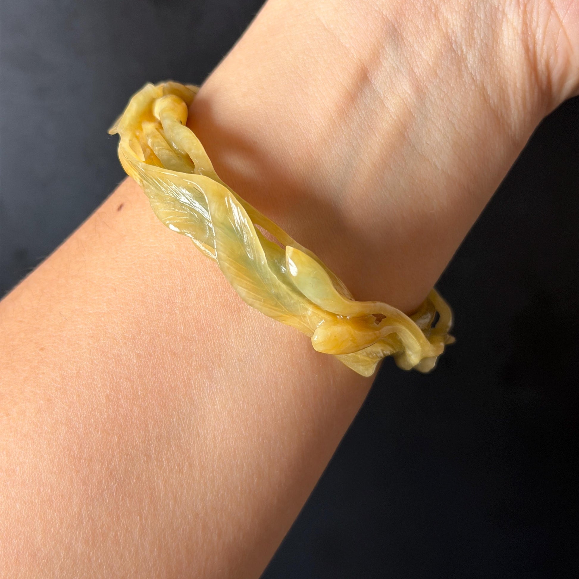 56.2mm Xiu Jade Serpentine Hand Carved Lily flowers Bangle & Ring Set: Natural Yellow Green Jade Handcrafted Bracelet 3D stone carving Gift for her handcrafted bangle jade carving lily carving hand engraved flower bangle flower carving green jade yellow jade 3D carving hollow out carving certified natural jade untreated jade with certificate vintage jade bracelet antique bangle multicolor jade ring carved ring women statement ring stackable ring cocktail ring