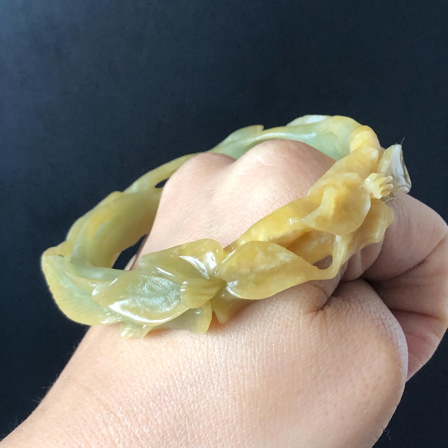 56.2mm Xiu Jade Serpentine Hand Carved Lily flowers Bangle & Ring Set: Natural Yellow Green Jade Handcrafted Bracelet 3D stone carving Gift for her handcrafted bangle jade carving lily carving hand engraved flower bangle flower carving green jade yellow jade 3D carving hollow out carving certified natural jade untreated jade with certificate vintage jade bracelet antique bangle multicolor jade ring carved ring women statement ring stackable ring cocktail ring