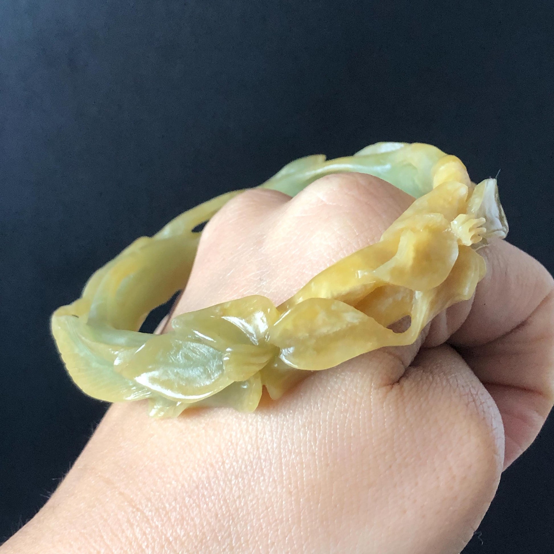 56.2mm Xiu Jade Serpentine Hand Carved Lily flowers Bangle & Ring Set: Natural Yellow Green Jade Handcrafted Bracelet 3D stone carving Gift for her handcrafted bangle jade carving lily carving hand engraved flower bangle flower carving green jade yellow jade 3D carving hollow out carving certified natural jade untreated jade with certificate vintage jade bracelet antique bangle multicolor jade ring carved ring women statement ring stackable ring cocktail ring