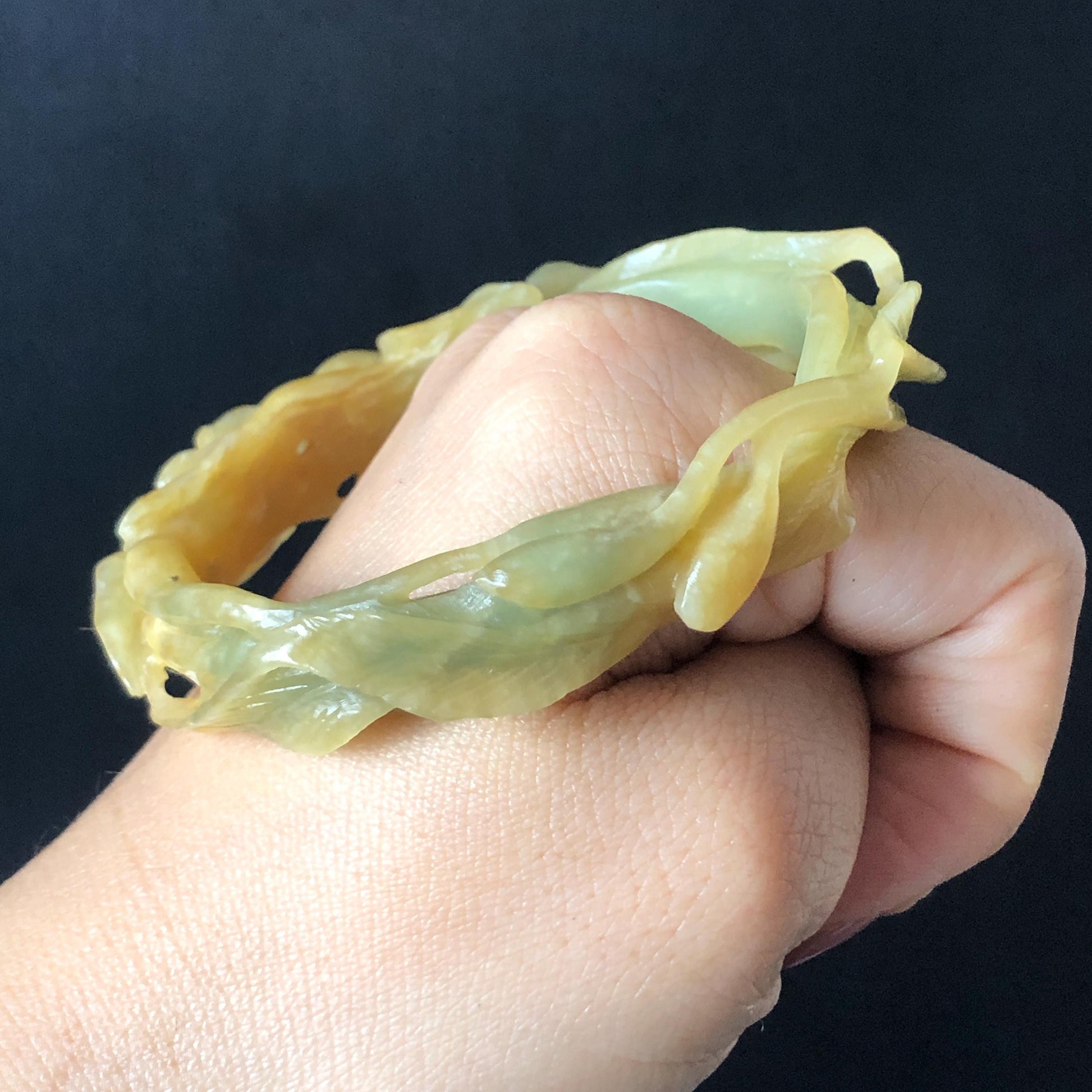 56.2mm Xiu Jade Serpentine Hand Carved Lily flowers Bangle & Ring Set: Natural Yellow Green Jade Handcrafted Bracelet 3D stone carving Gift for her handcrafted bangle jade carving lily carving hand engraved flower bangle flower carving green jade yellow jade 3D carving hollow out carving certified natural jade untreated jade with certificate vintage jade bracelet antique bangle multicolor jade ring carved ring women statement ring stackable ring cocktail ring