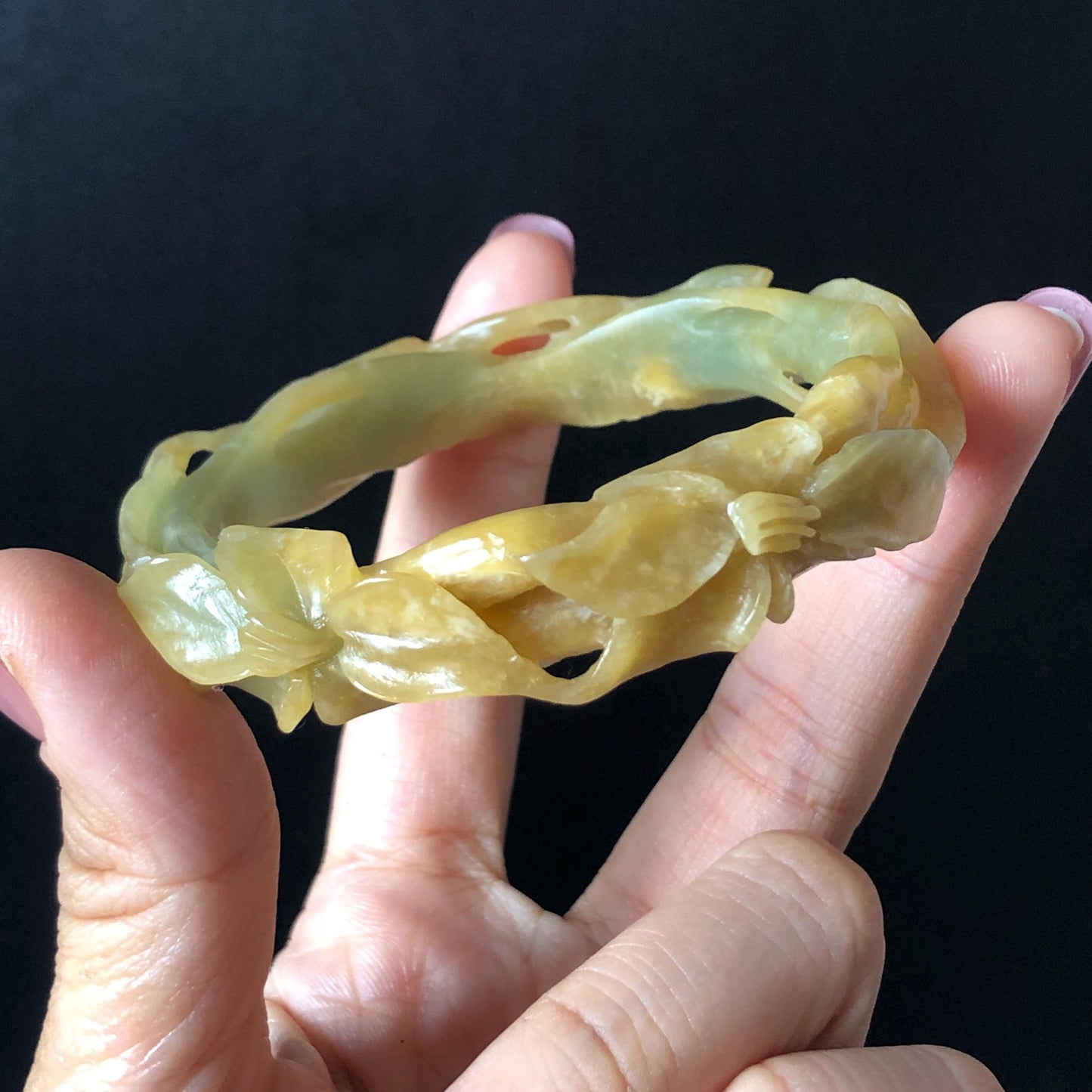 56.2mm Xiu Jade Serpentine Hand Carved Lily flowers Bangle & Ring Set: Natural Yellow Green Jade Handcrafted Bracelet 3D stone carving Gift for her handcrafted bangle jade carving lily carving hand engraved flower bangle flower carving green jade yellow jade 3D carving hollow out carving certified natural jade untreated jade with certificate vintage jade bracelet antique bangle multicolor jade ring carved ring women statement ring stackable ring cocktail ring