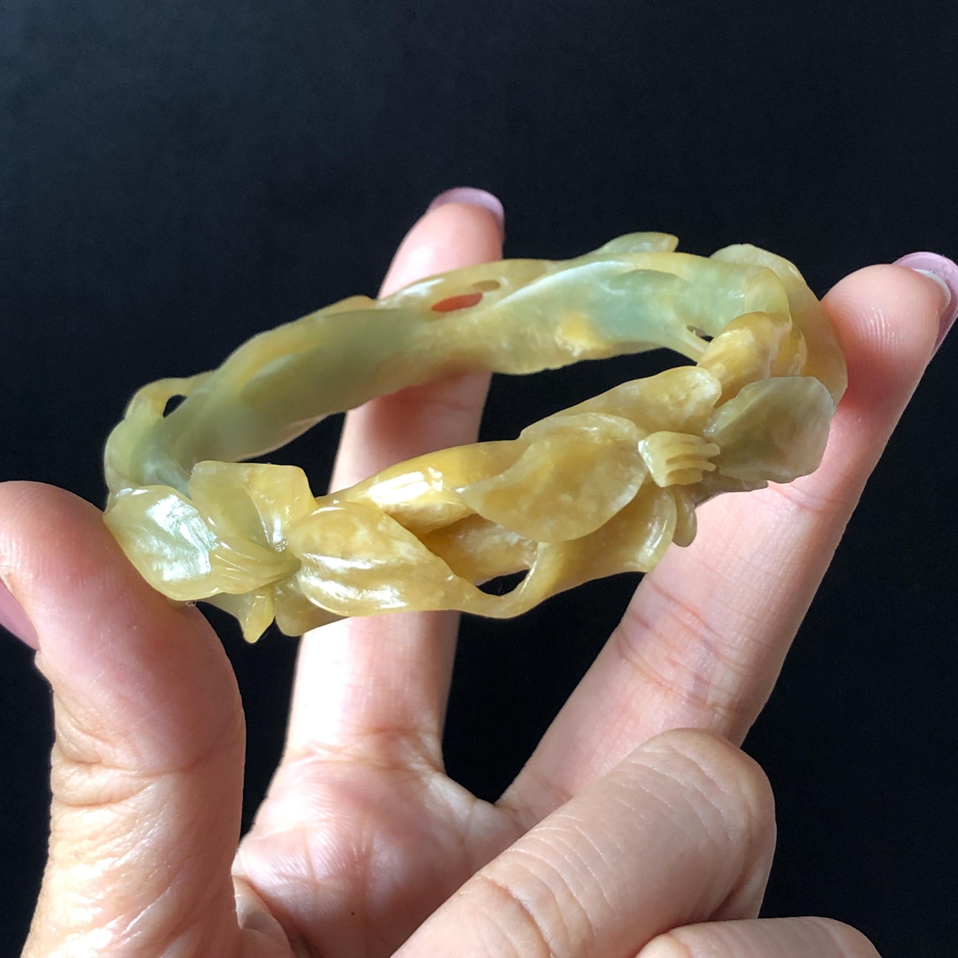56.2mm Xiu Jade Serpentine Hand Carved Lily flowers Bangle & Ring Set: Natural Yellow Green Jade Handcrafted Bracelet 3D stone carving Gift for her handcrafted bangle jade carving lily carving hand engraved flower bangle flower carving green jade yellow jade 3D carving hollow out carving certified natural jade untreated jade with certificate vintage jade bracelet antique bangle multicolor jade ring carved ring women statement ring stackable ring cocktail ring