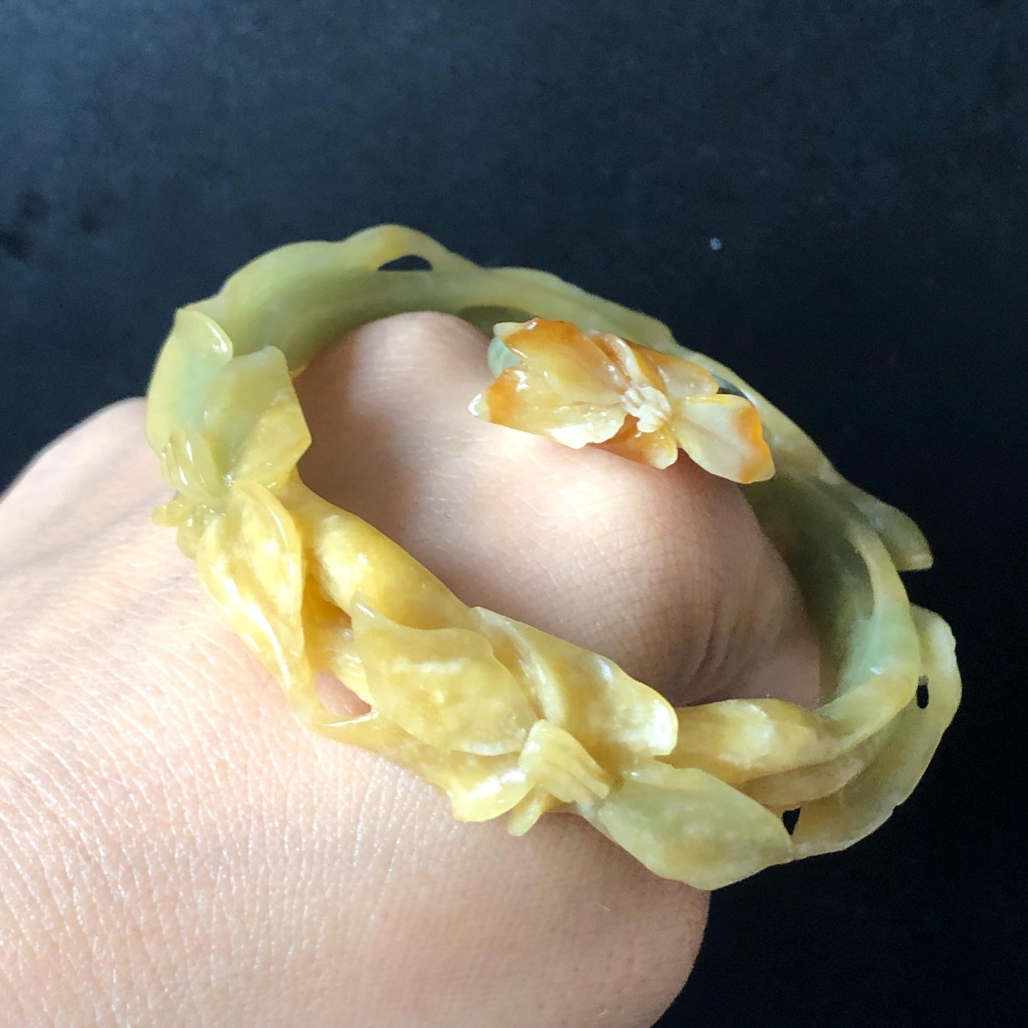 56.2mm Xiu Jade Serpentine Hand Carved Lily flowers Bangle & Ring Set: Natural Yellow Green Jade Handcrafted Bracelet 3D stone carving Gift for her handcrafted bangle jade carving lily carving hand engraved flower bangle flower carving green jade yellow jade 3D carving hollow out carving certified natural jade untreated jade with certificate vintage jade bracelet antique bangle multicolor jade ring carved ring women statement ring stackable ring cocktail ring