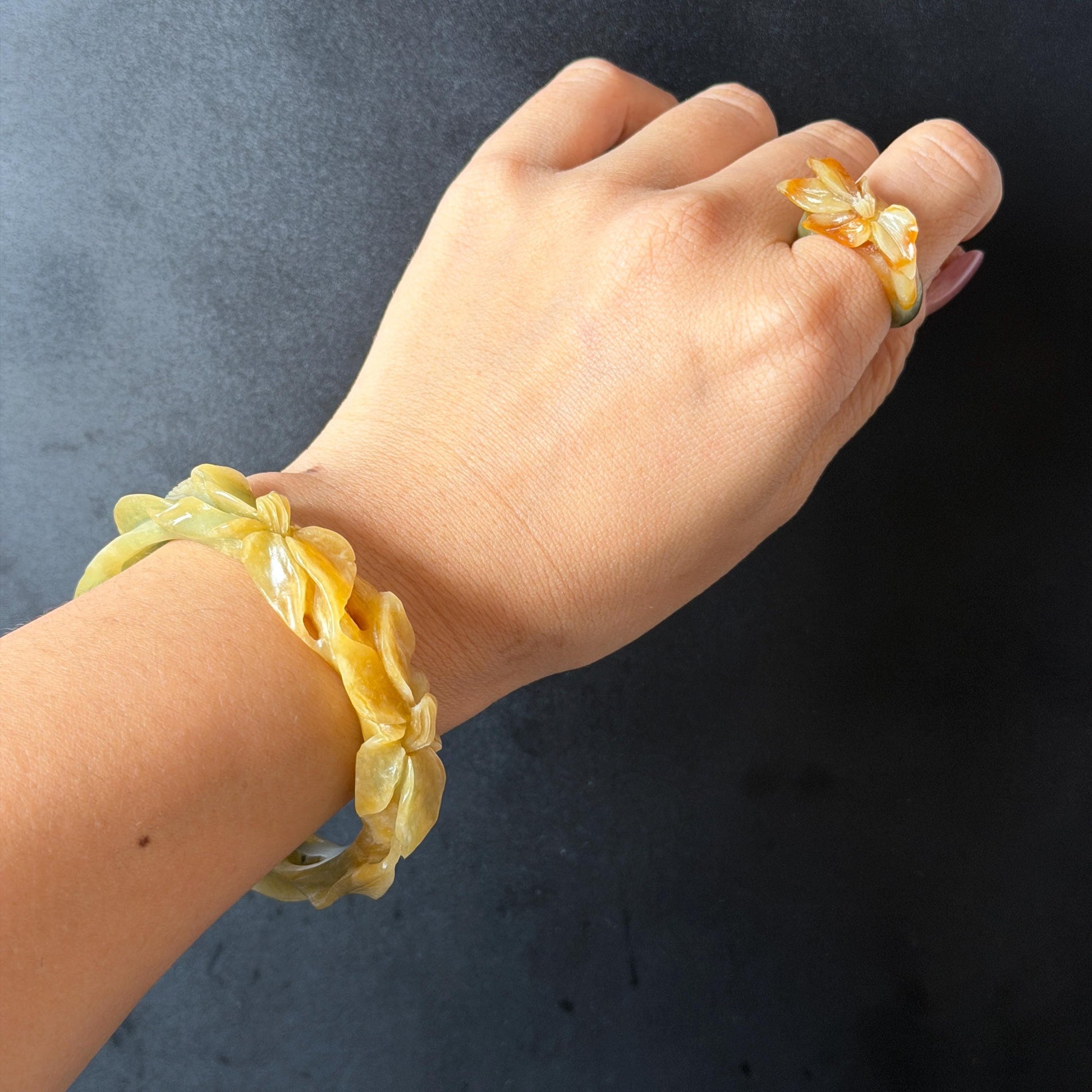 56.2mm Xiu Jade Serpentine Hand Carved Lily flowers Bangle & Ring Set: Natural Yellow Green Jade Handcrafted Bracelet 3D stone carving Gift for her handcrafted bangle jade carving lily carving hand engraved flower bangle flower carving green jade yellow jade 3D carving hollow out carving certified natural jade untreated jade with certificate vintage jade bracelet antique bangle multicolor jade ring carved ring women statement ring stackable ring cocktail ring