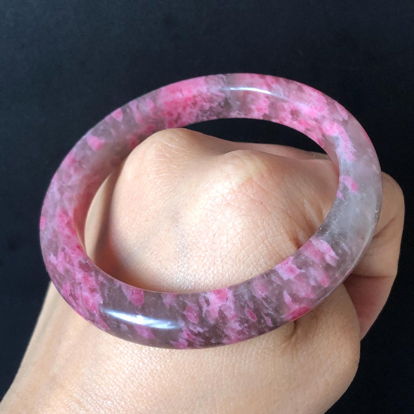 56.6mm Ultra-rare Natural Icy Rhodonite Stone Bangle:  Night Sakura Rain, Cherry Plum Blossom Icy Grey Pink Crystal Bracelet, Pink Lances, Black Dark Gemstone bangle pink stone bangle love stone healing stone heart chakra healing crystal mediative stone pink gemstone gift for her mother day gift black crystal gray crystal black pink bracelet natural untreated crystal women bracelet