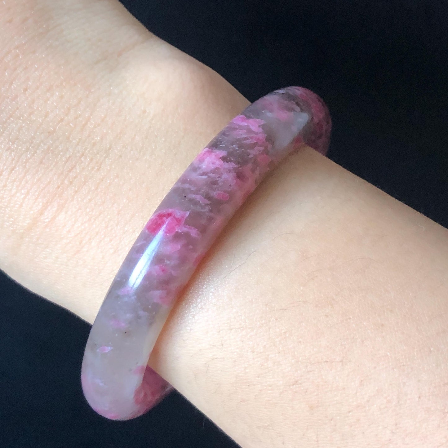 56.6mm Ultra-rare Natural Icy Rhodonite Stone Bangle:  Night Sakura Rain, Cherry Plum Blossom Icy Grey Pink Crystal Bracelet, Pink Lances, Black Dark Gemstone bangle pink stone bangle love stone healing stone heart chakra healing crystal mediative stone pink gemstone gift for her mother day gift black crystal gray crystal black pink bracelet natural untreated crystal women bracelet