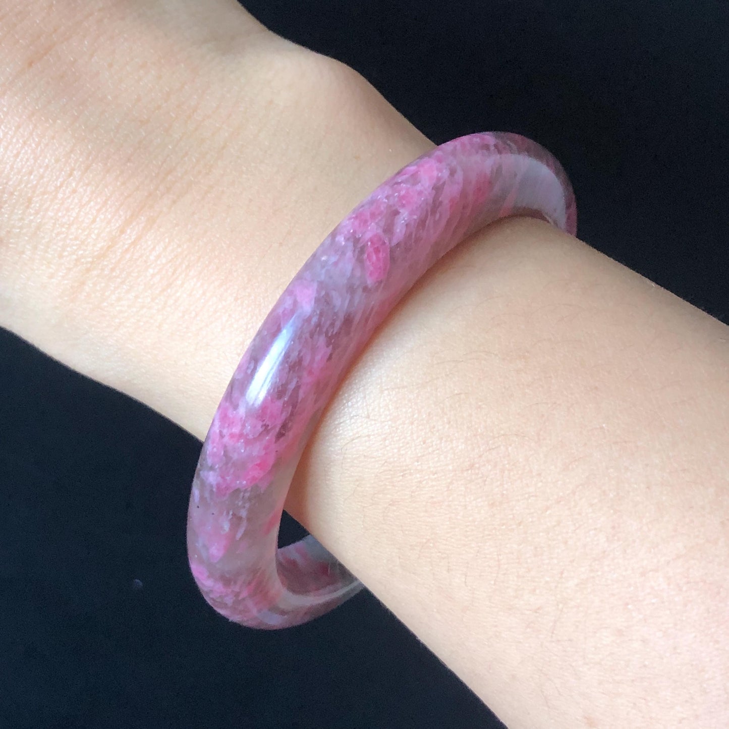 56.6mm Ultra-rare Natural Icy Rhodonite Stone Bangle:  Night Sakura Rain, Cherry Plum Blossom Icy Grey Pink Crystal Bracelet, Pink Lances, Black Dark Gemstone bangle pink stone bangle love stone healing stone heart chakra healing crystal mediative stone pink gemstone gift for her mother day gift black crystal gray crystal black pink bracelet natural untreated crystal women bracelet
