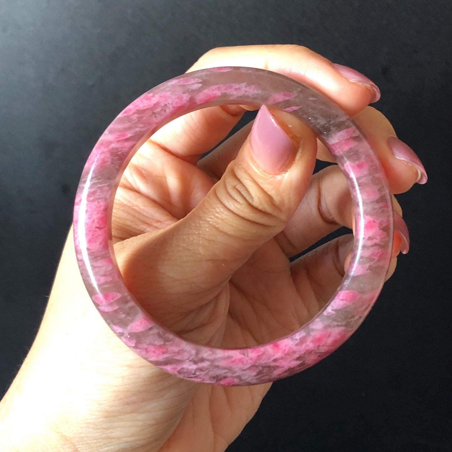 56.6mm Ultra-rare Natural Icy Rhodonite Stone Bangle:  Night Sakura Rain, Cherry Plum Blossom Icy Grey Pink Crystal Bracelet, Pink Lances, Black Dark Gemstone bangle pink stone bangle love stone healing stone heart chakra healing crystal mediative stone pink gemstone gift for her mother day gift black crystal gray crystal black pink bracelet natural untreated crystal women bracelet
