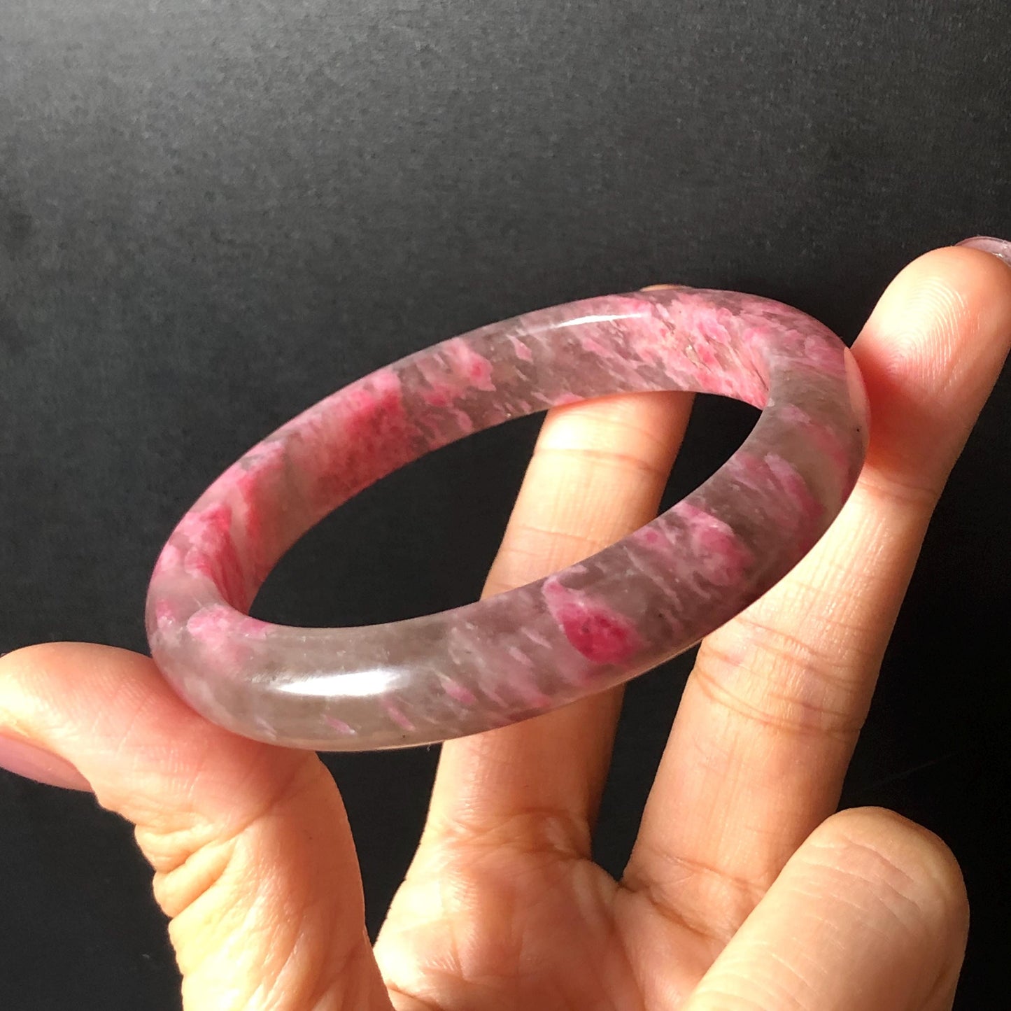 56.6mm Ultra-rare Natural Icy Rhodonite Stone Bangle:  Night Sakura Rain, Cherry Plum Blossom Icy Grey Pink Crystal Bracelet, Pink Lances, Black Dark Gemstone bangle pink stone bangle love stone healing stone heart chakra healing crystal mediative stone pink gemstone gift for her mother day gift black crystal gray crystal black pink bracelet natural untreated crystal women bracelet
