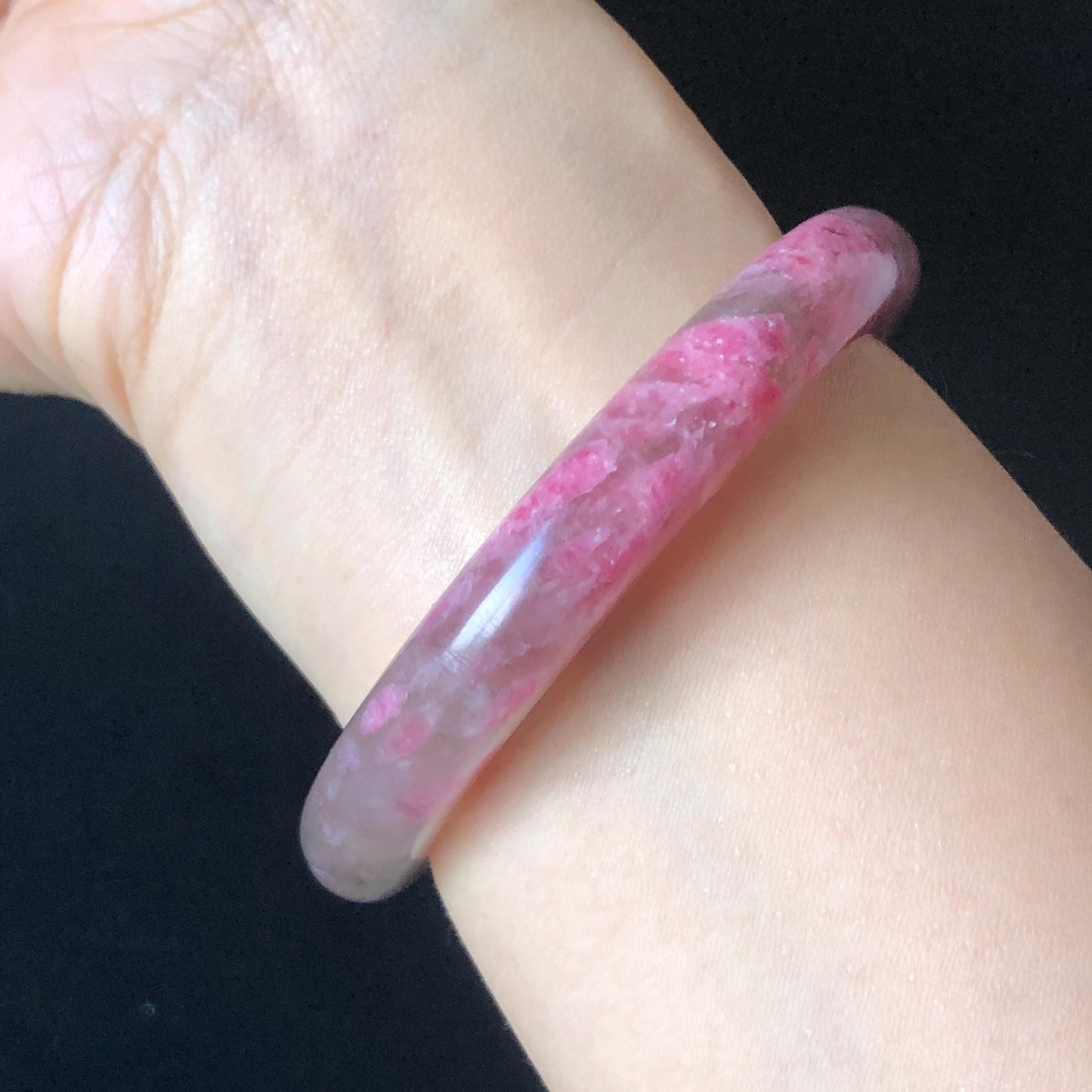 56.6mm Ultra-rare Natural Icy Rhodonite Stone Bangle:  Night Sakura Rain, Cherry Plum Blossom Icy Grey Pink Crystal Bracelet, Pink Lances, Black Dark Gemstone bangle pink stone bangle love stone healing stone heart chakra healing crystal mediative stone pink gemstone gift for her mother day gift black crystal gray crystal black pink bracelet natural untreated crystal women bracelet
