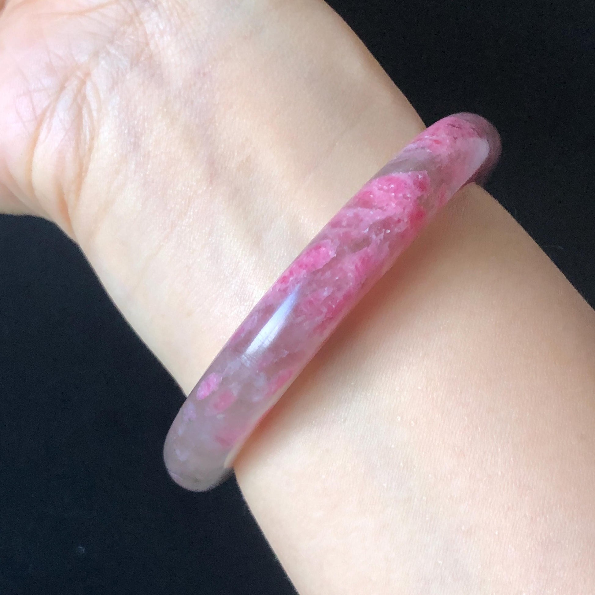 56.6mm Ultra-rare Natural Icy Rhodonite Stone Bangle:  Night Sakura Rain, Cherry Plum Blossom Icy Grey Pink Crystal Bracelet, Pink Lances, Black Dark Gemstone bangle pink stone bangle love stone healing stone heart chakra healing crystal mediative stone pink gemstone gift for her mother day gift black crystal gray crystal black pink bracelet natural untreated crystal women bracelet