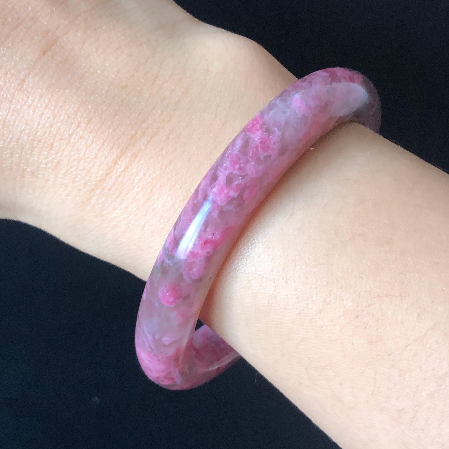 56.6mm Ultra-rare Natural Icy Rhodonite Stone Bangle:  Night Sakura Rain, Cherry Plum Blossom Icy Grey Pink Crystal Bracelet, Pink Lances, Black Dark Gemstone bangle pink stone bangle love stone healing stone heart chakra healing crystal mediative stone pink gemstone gift for her mother day gift black crystal gray crystal black pink bracelet natural untreated crystal women bracelet
