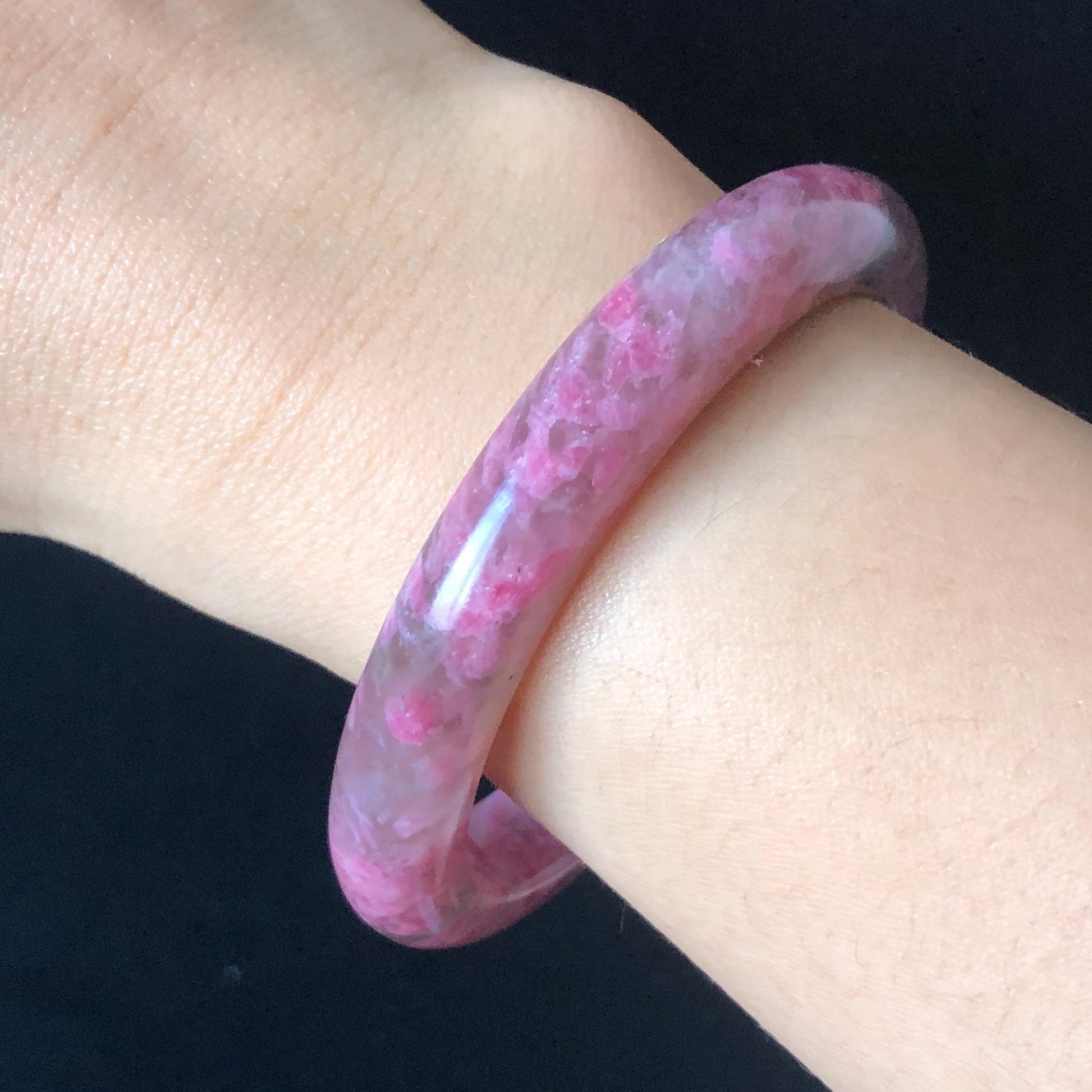 56.6mm Ultra-rare Natural Icy Rhodonite Stone Bangle:  Night Sakura Rain, Cherry Plum Blossom Icy Grey Pink Crystal Bracelet, Pink Lances, Black Dark Gemstone bangle pink stone bangle love stone healing stone heart chakra healing crystal mediative stone pink gemstone gift for her mother day gift black crystal gray crystal black pink bracelet natural untreated crystal women bracelet
