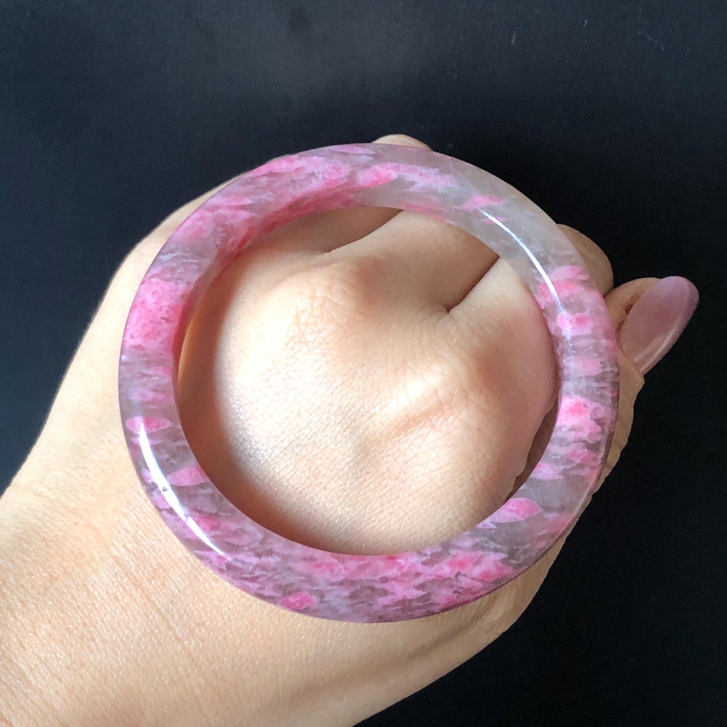 56.6mm Ultra-rare Natural Icy Rhodonite Stone Bangle:  Night Sakura Rain, Cherry Plum Blossom Icy Grey Pink Crystal Bracelet, Pink Lances, Black Dark Gemstone bangle pink stone bangle love stone healing stone heart chakra healing crystal mediative stone pink gemstone gift for her mother day gift black crystal gray crystal black pink bracelet natural untreated crystal women bracelet