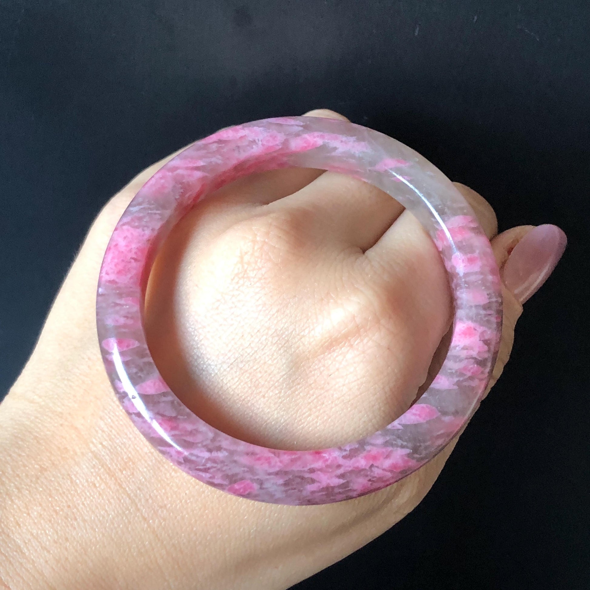 56.6mm Ultra-rare Natural Icy Rhodonite Stone Bangle:  Night Sakura Rain, Cherry Plum Blossom Icy Grey Pink Crystal Bracelet, Pink Lances, Black Dark Gemstone bangle pink stone bangle love stone healing stone heart chakra healing crystal mediative stone pink gemstone gift for her mother day gift black crystal gray crystal black pink bracelet natural untreated crystal women bracelet