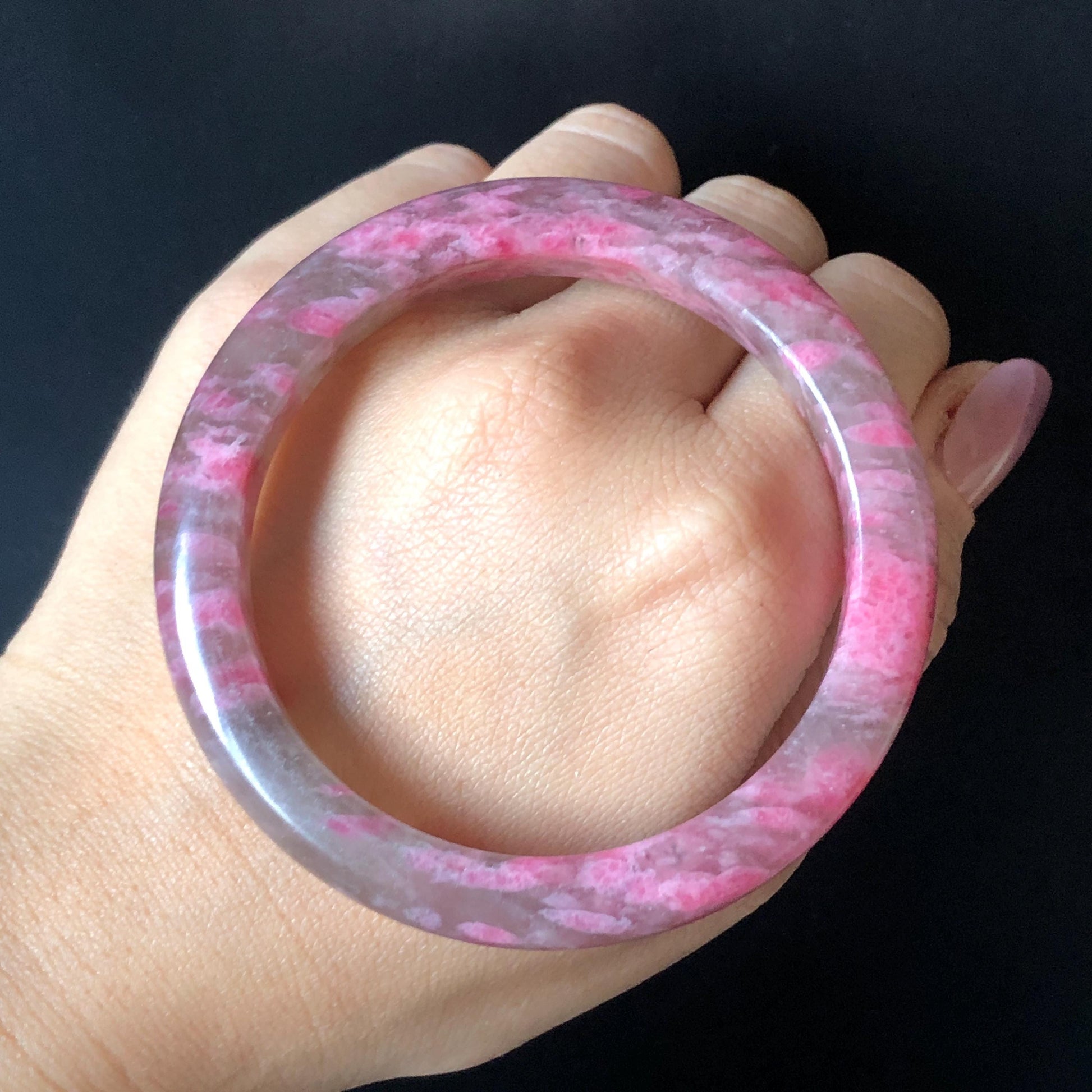 56.6mm Ultra-rare Natural Icy Rhodonite Stone Bangle:  Night Sakura Rain, Cherry Plum Blossom Icy Grey Pink Crystal Bracelet, Pink Lances, Black Dark Gemstone bangle pink stone bangle love stone healing stone heart chakra healing crystal mediative stone pink gemstone gift for her mother day gift black crystal gray crystal black pink bracelet natural untreated crystal women bracelet
