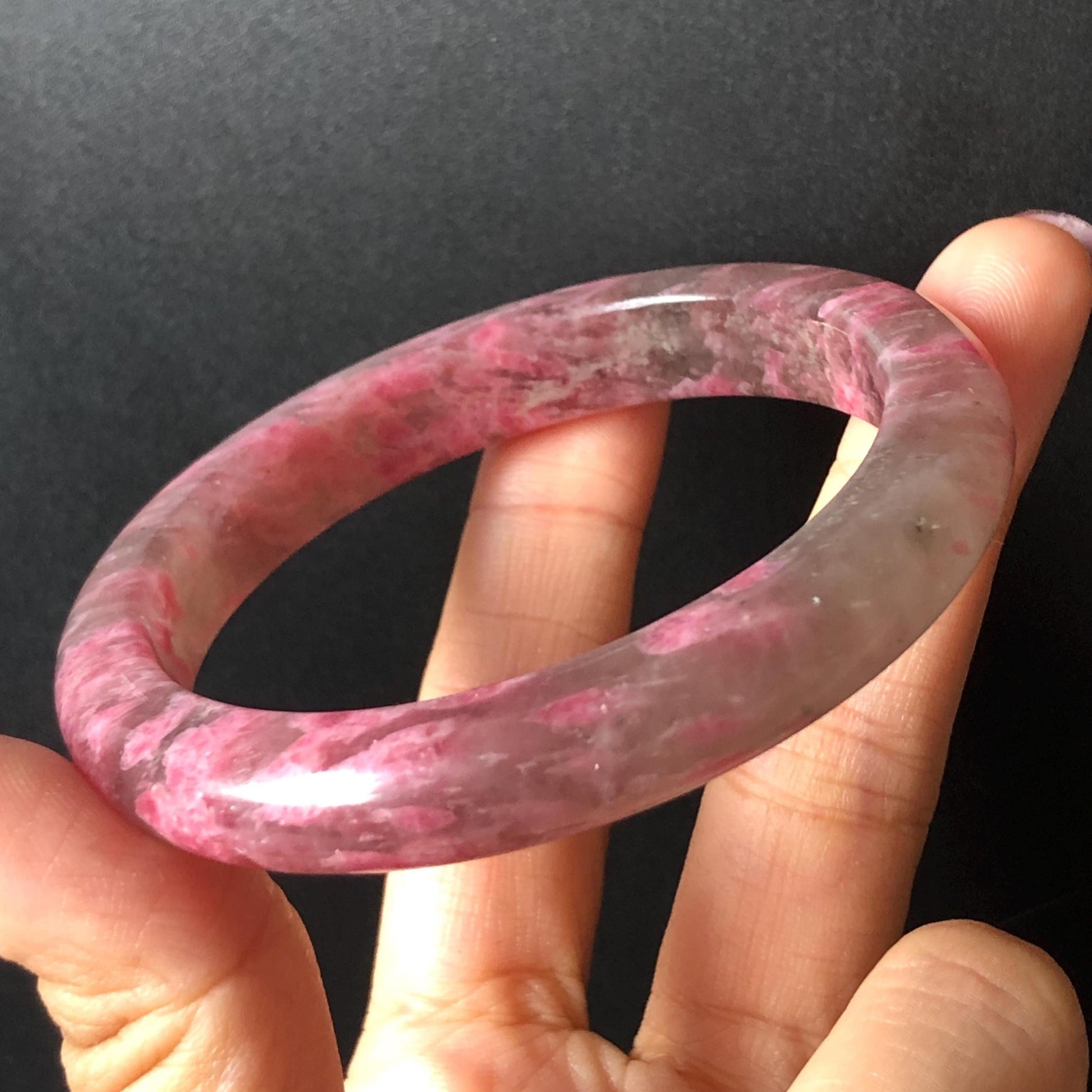 56.6mm Ultra-rare Natural Icy Rhodonite Stone Bangle:  Night Sakura Rain, Cherry Plum Blossom Icy Grey Pink Crystal Bracelet, Pink Lances, Black Dark Gemstone bangle pink stone bangle love stone healing stone heart chakra healing crystal mediative stone pink gemstone gift for her mother day gift black crystal gray crystal black pink bracelet natural untreated crystal women bracelet