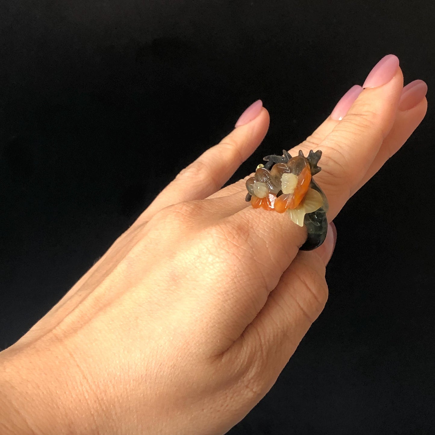 Xiu Jade (Serpentine) Hand Carved Plum Blossom Flower Ring 16.9mm (US 6.25-6.5): Natural Multicolour Black Green Brown White Jade Statement Ring Band Ring gift for her black jade carving green jade white jade brown jade multi colour jade flower carving plum blossom carving hand engraved statement ring hand carved flower natural untreated jade handcrafted jade ring 3D carving Stone carving Gemstone Carving flower Lover gift jade cocktail ring jade band ring handcrafted jade