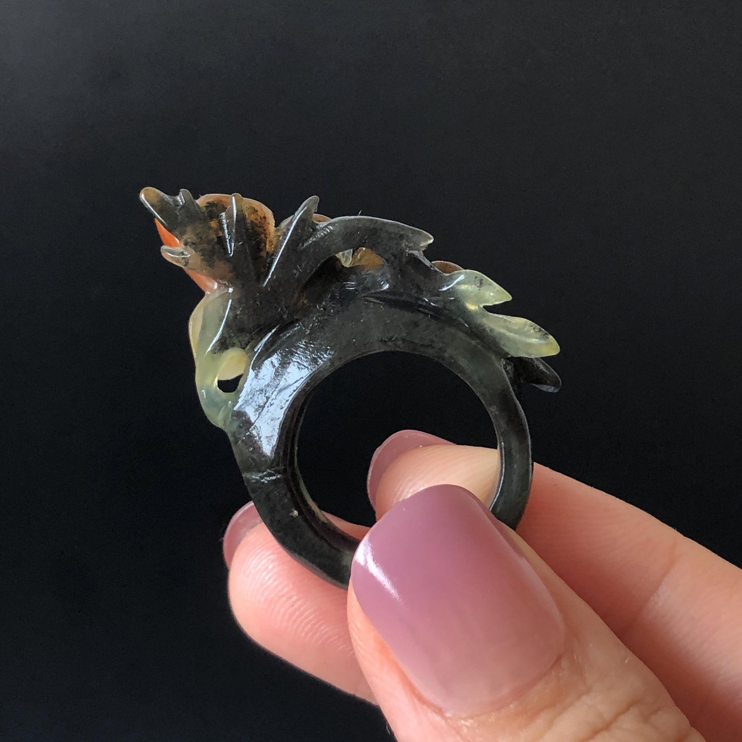 Xiu Jade (Serpentine) Hand Carved Plum Blossom Flower Ring 16.9mm (US 6.25-6.5): Natural Multicolour Black Green Brown White Jade Statement Ring Band Ring gift for her black jade carving green jade white jade brown jade multi colour jade flower carving plum blossom carving hand engraved statement ring hand carved flower natural untreated jade handcrafted jade ring 3D carving Stone carving Gemstone Carving flower Lover gift jade cocktail ring jade band ring handcrafted jade