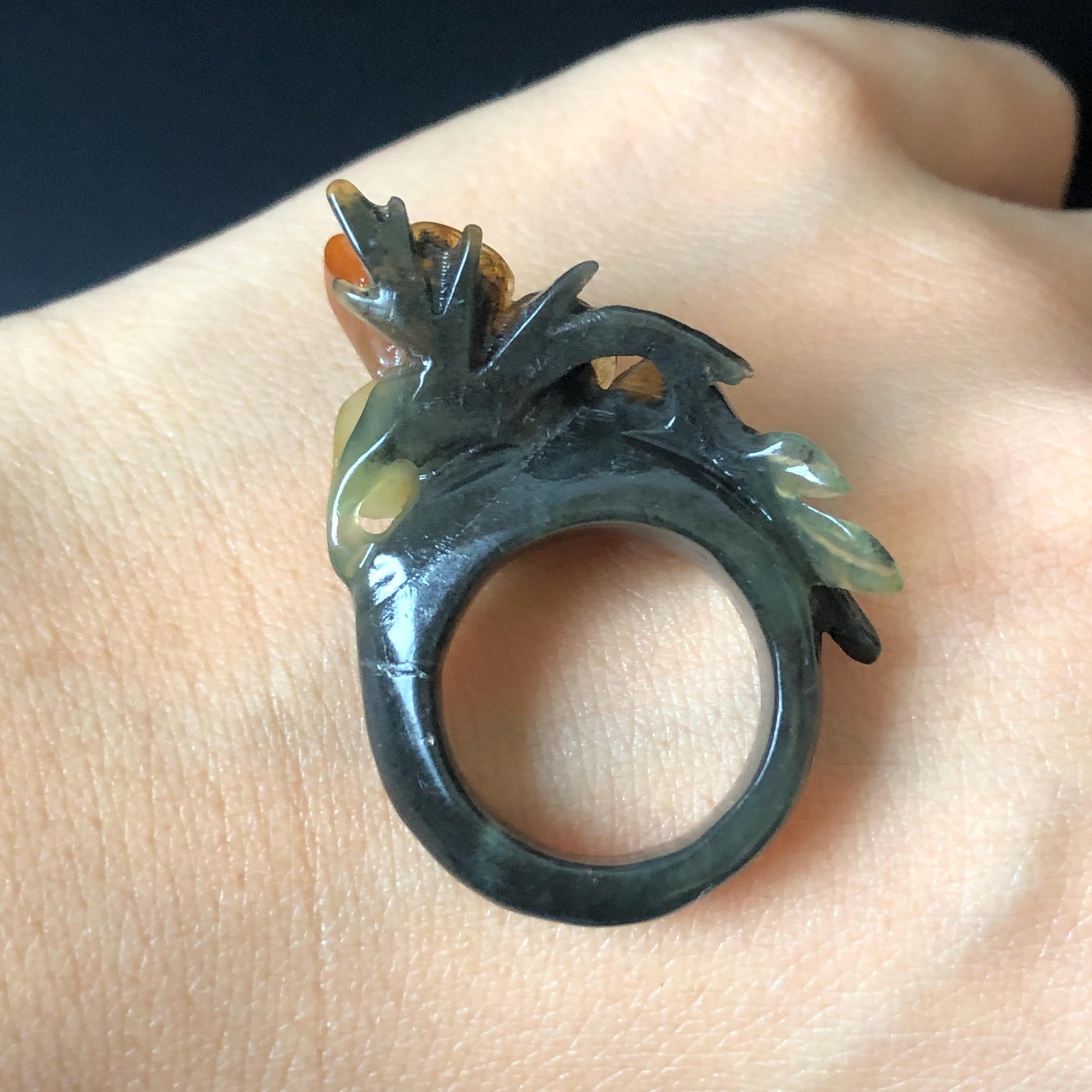 Xiu Jade (Serpentine) Hand Carved Plum Blossom Flower Ring 16.9mm (US 6.25-6.5): Natural Multicolour Black Green Brown White Jade Statement Ring Band Ring gift for her black jade carving green jade white jade brown jade multi colour jade flower carving plum blossom carving hand engraved statement ring hand carved flower natural untreated jade handcrafted jade ring 3D carving Stone carving Gemstone Carving flower Lover gift jade cocktail ring jade band ring handcrafted jade
