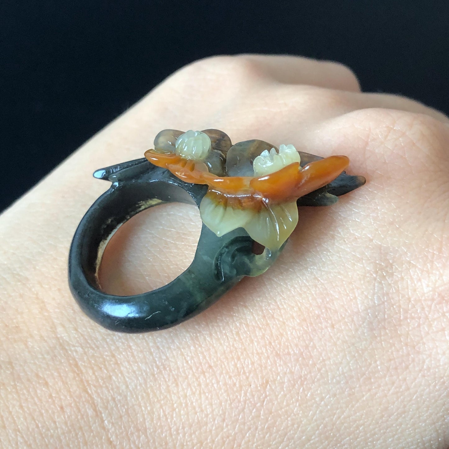 Xiu Jade (Serpentine) Hand Carved Plum Blossom Flower Ring 16.9mm (US 6.25-6.5): Natural Multicolour Black Green Brown White Jade Statement Ring Band Ring gift for her black jade carving green jade white jade brown jade multi colour jade flower carving plum blossom carving hand engraved statement ring hand carved flower natural untreated jade handcrafted jade ring 3D carving Stone carving Gemstone Carving flower Lover gift jade cocktail ring jade band ring handcrafted jade