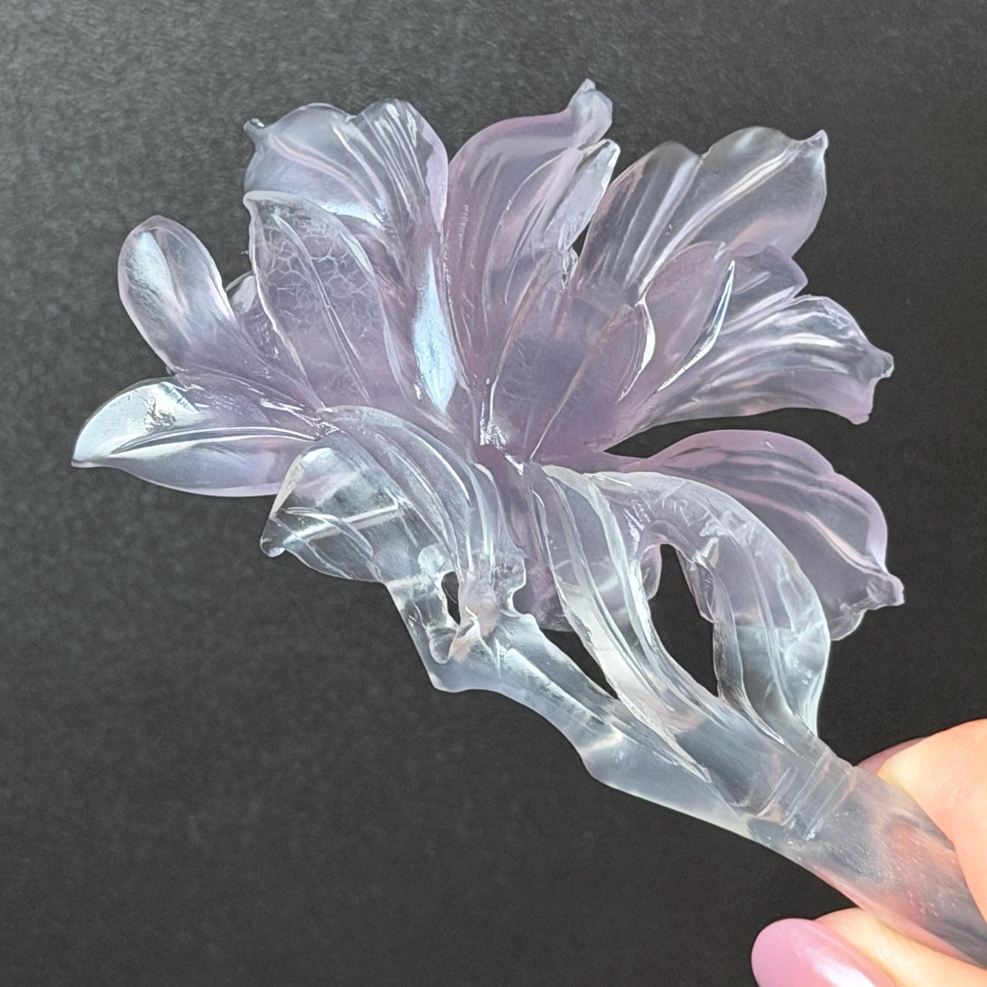 Fluorite Hand Carved Iris Flower Hair Pin: Natural Purple and White Crystal Hanfu Handcrafted Hair Stick in Asian Chinese Vintage Style Handcrafted Hair Fork Bridal Wedding Headpiece gift for her japanese hairpin korean hair stick chinese hair fork vintage hair comb antique hair pins hanfu hair stick bridal shower hair jewelry wedding headpiece bridal shower gift engagement hair accessory jade carving hand engraved purple crystal untreated natural crystal hairpin Iris carving flower hairpin
