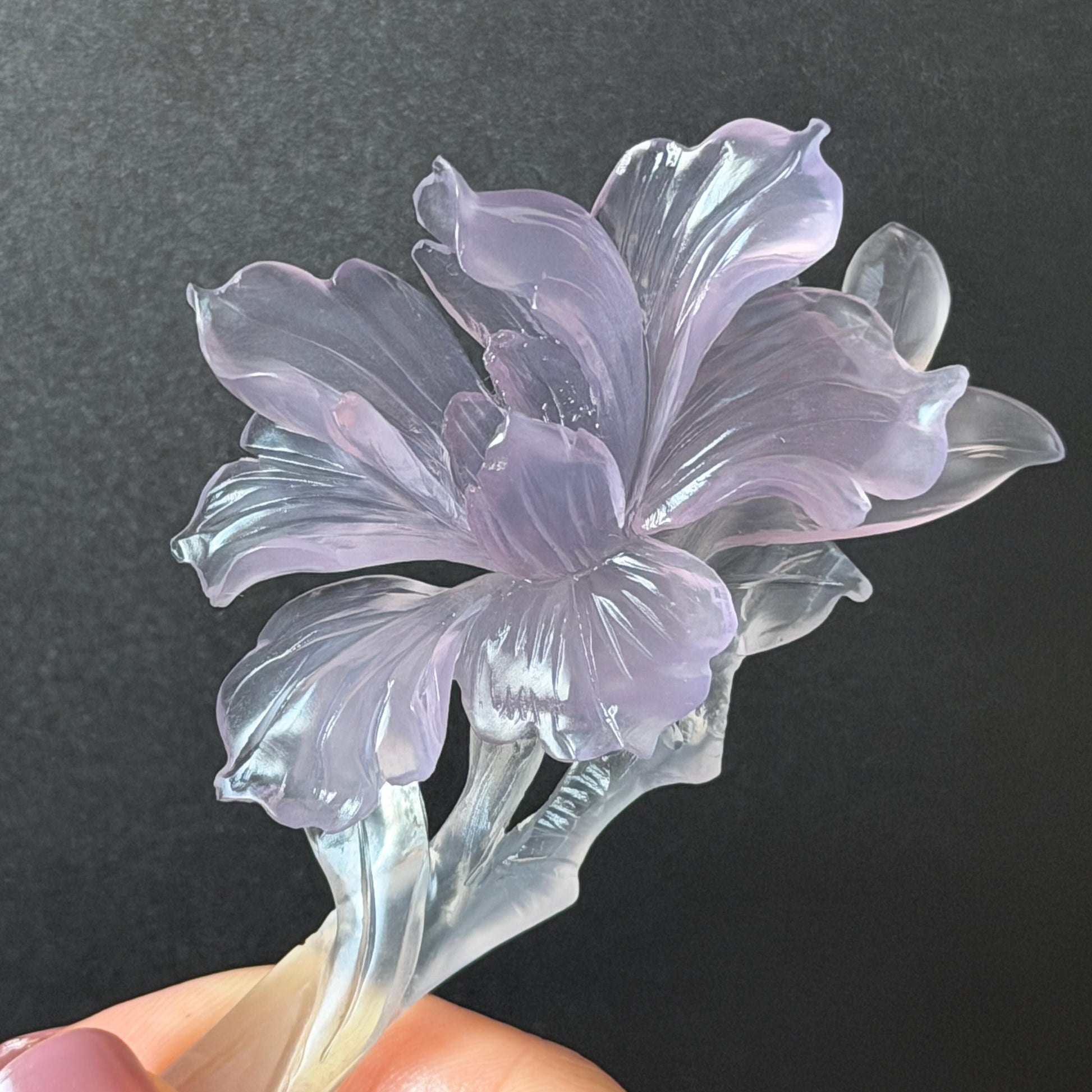 Fluorite Hand Carved Iris Flower Hair Pin: Natural Purple and White Crystal Hanfu Handcrafted Hair Stick in Asian Chinese Vintage Style Handcrafted Hair Fork Bridal Wedding Headpiece gift for her japanese hairpin korean hair stick chinese hair fork vintage hair comb antique hair pins hanfu hair stick bridal shower hair jewelry wedding headpiece bridal shower gift engagement hair accessory jade carving hand engraved purple crystal untreated natural crystal hairpin Iris carving flower hairpin