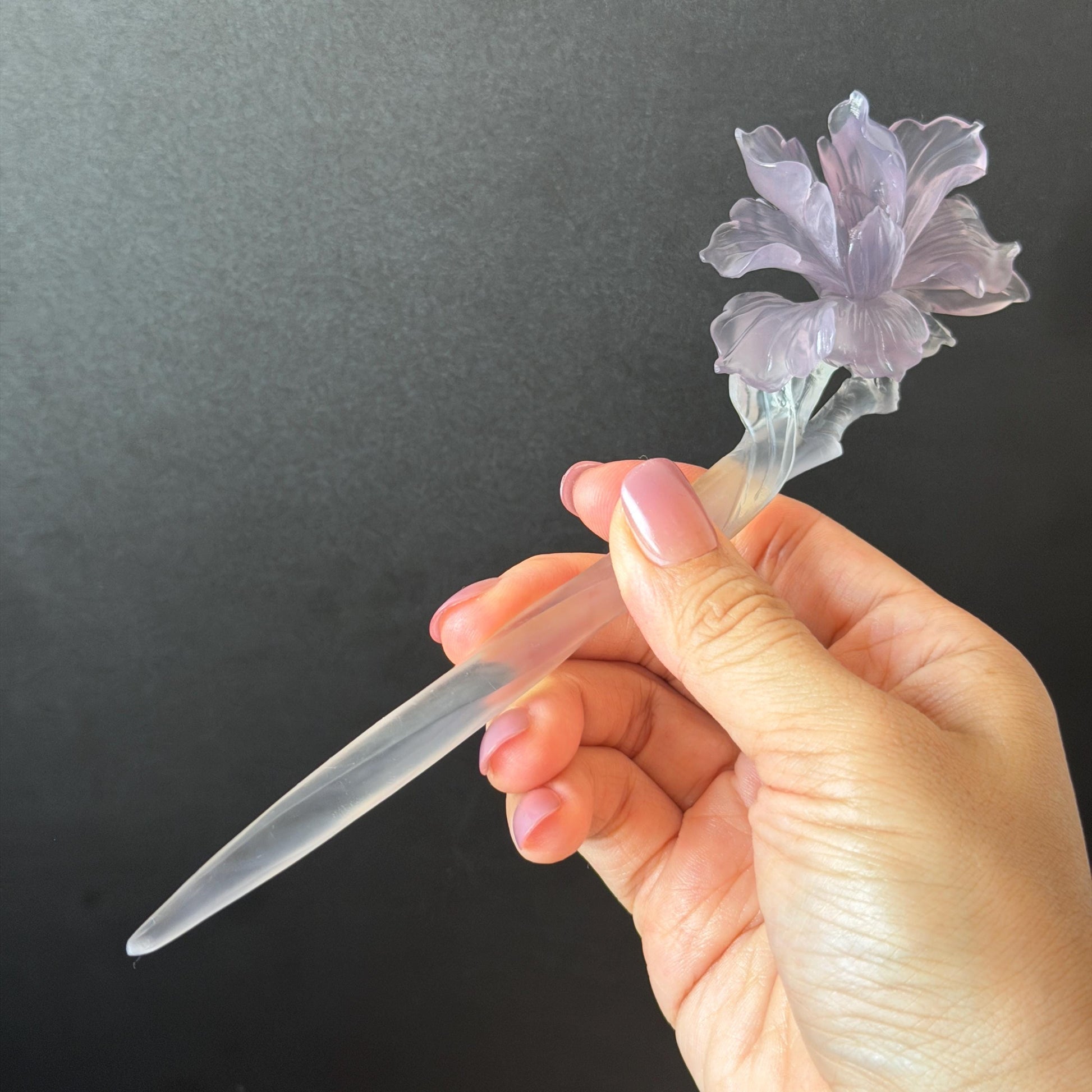 Fluorite Hand Carved Iris Flower Hair Pin: Natural Purple & Clear Translucent Crystal Hanfu Handcrafted Vintage Hair Stick 3D stone carving