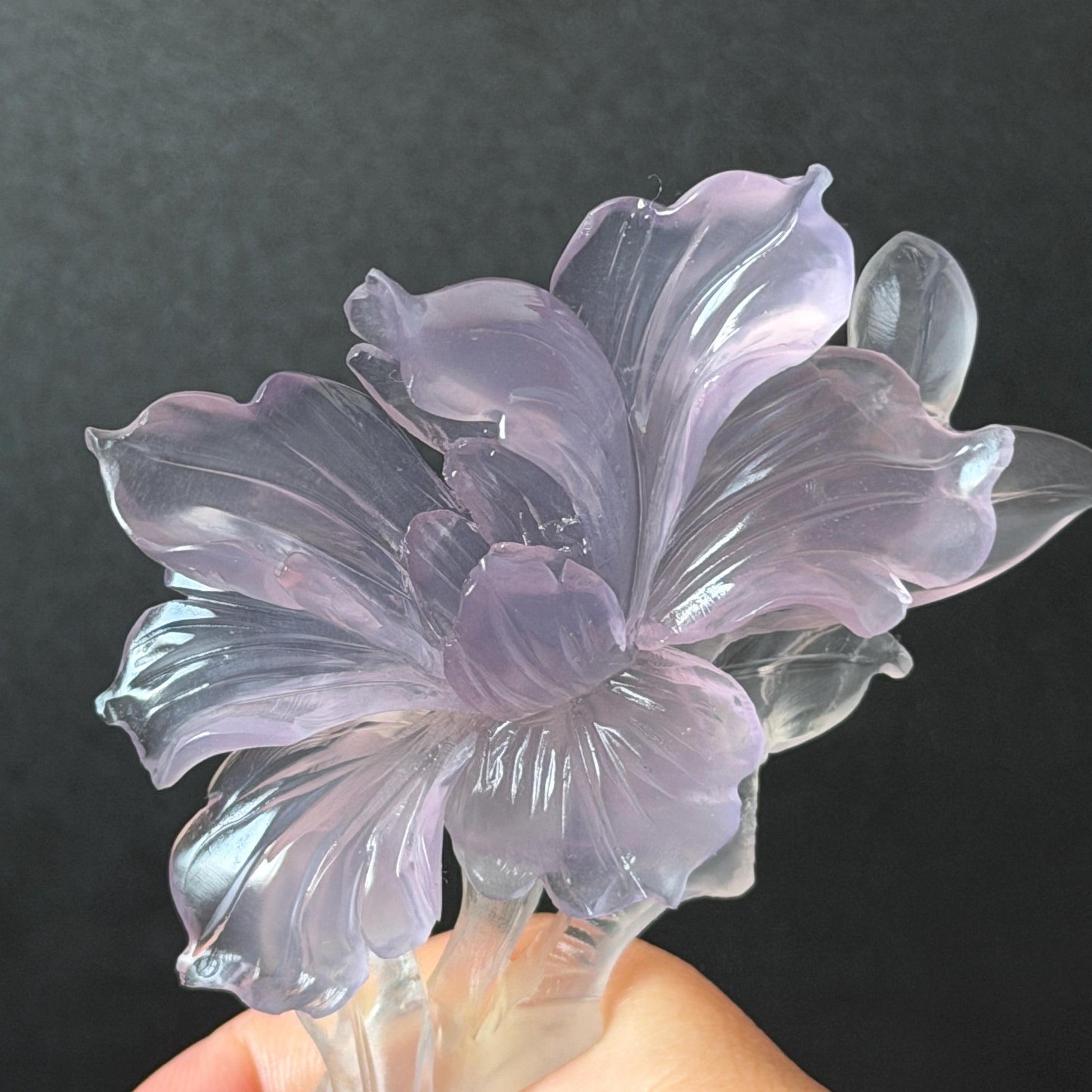 Fluorite Hand Carved Iris Flower Hair Pin: Natural Purple and White Crystal Hanfu Handcrafted Hair Stick in Asian Chinese Vintage Style Handcrafted Hair Fork Bridal Wedding Headpiece gift for her japanese hairpin korean hair stick chinese hair fork vintage hair comb antique hair pins hanfu hair stick bridal shower hair jewelry wedding headpiece bridal shower gift engagement hair accessory jade carving hand engraved purple crystal untreated natural crystal hairpin Iris carving flower hairpin