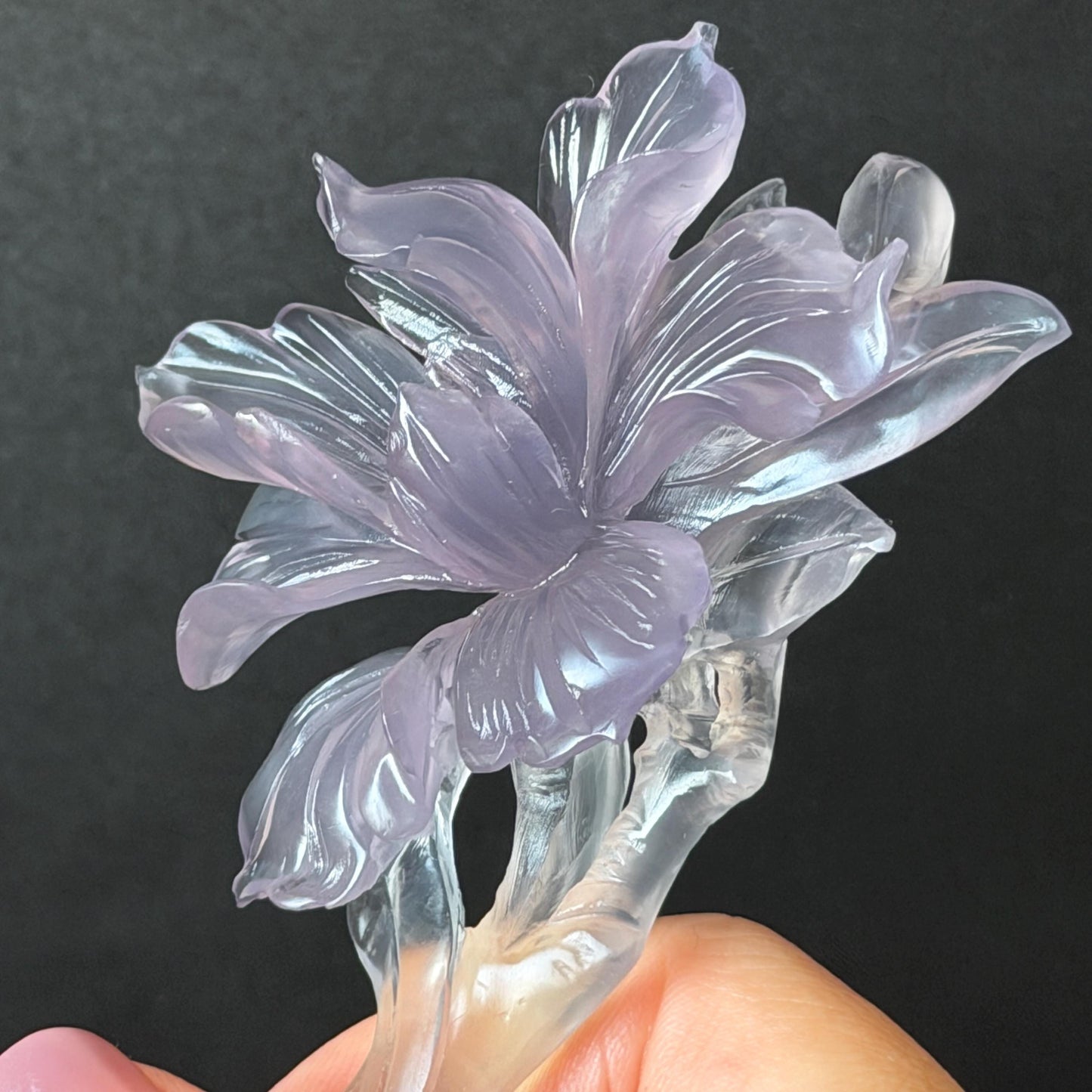 Fluorite Hand Carved Iris Flower Hair Pin: Natural Purple and White Crystal Hanfu Handcrafted Hair Stick in Asian Chinese Vintage Style Handcrafted Hair Fork Bridal Wedding Headpiece gift for her japanese hairpin korean hair stick chinese hair fork vintage hair comb antique hair pins hanfu hair stick bridal shower hair jewelry wedding headpiece bridal shower gift engagement hair accessory jade carving hand engraved purple crystal untreated natural crystal hairpin Iris carving flower hairpin