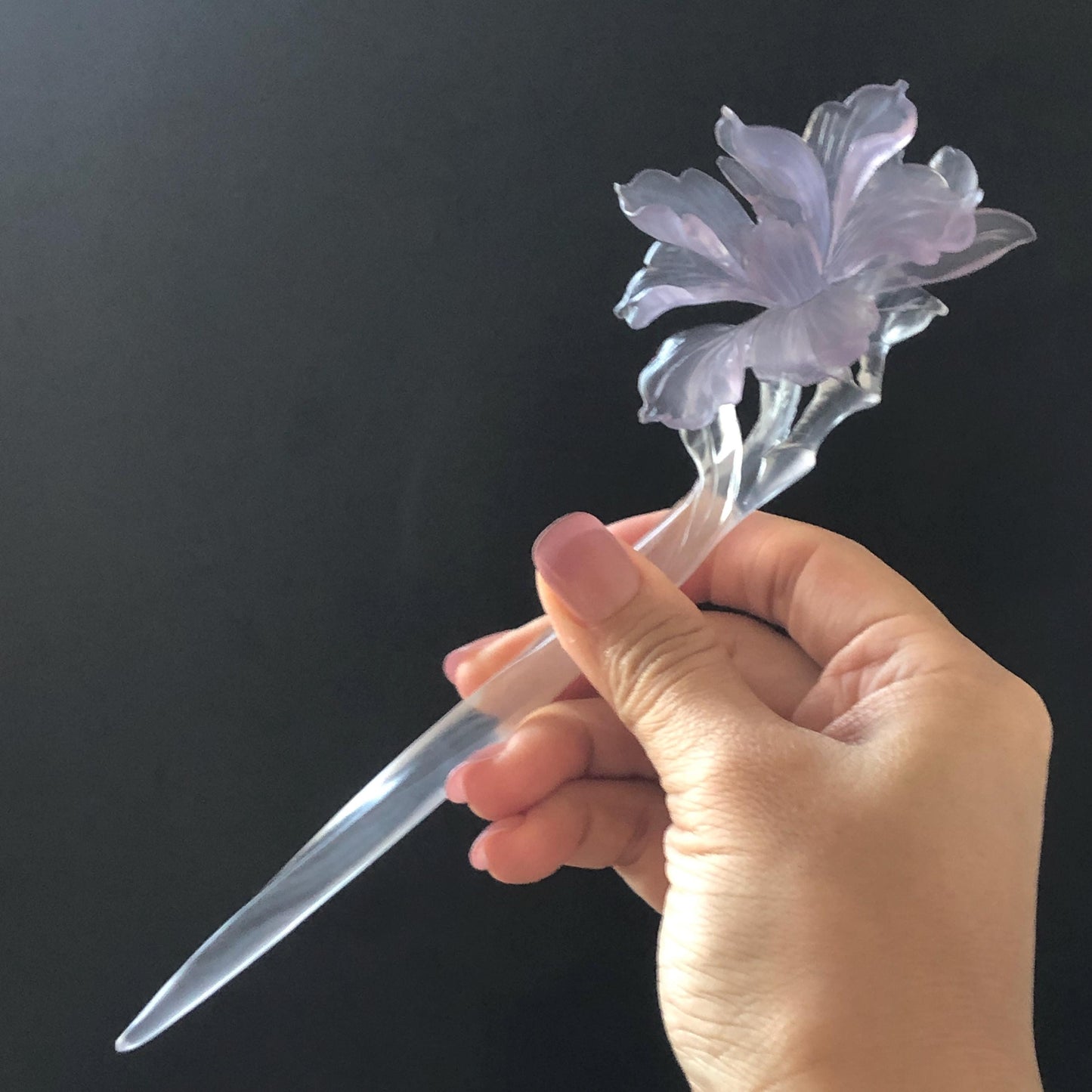 Fluorite Hand Carved Iris Flower Hair Pin: Natural Purple and White Crystal Hanfu Handcrafted Hair Stick in Asian Chinese Vintage Style Handcrafted Hair Fork Bridal Wedding Headpiece gift for her japanese hairpin korean hair stick chinese hair fork vintage hair comb antique hair pins hanfu hair stick bridal shower hair jewelry wedding headpiece bridal shower gift engagement hair accessory jade carving hand engraved purple crystal untreated natural crystal hairpin Iris carving flower hairpin