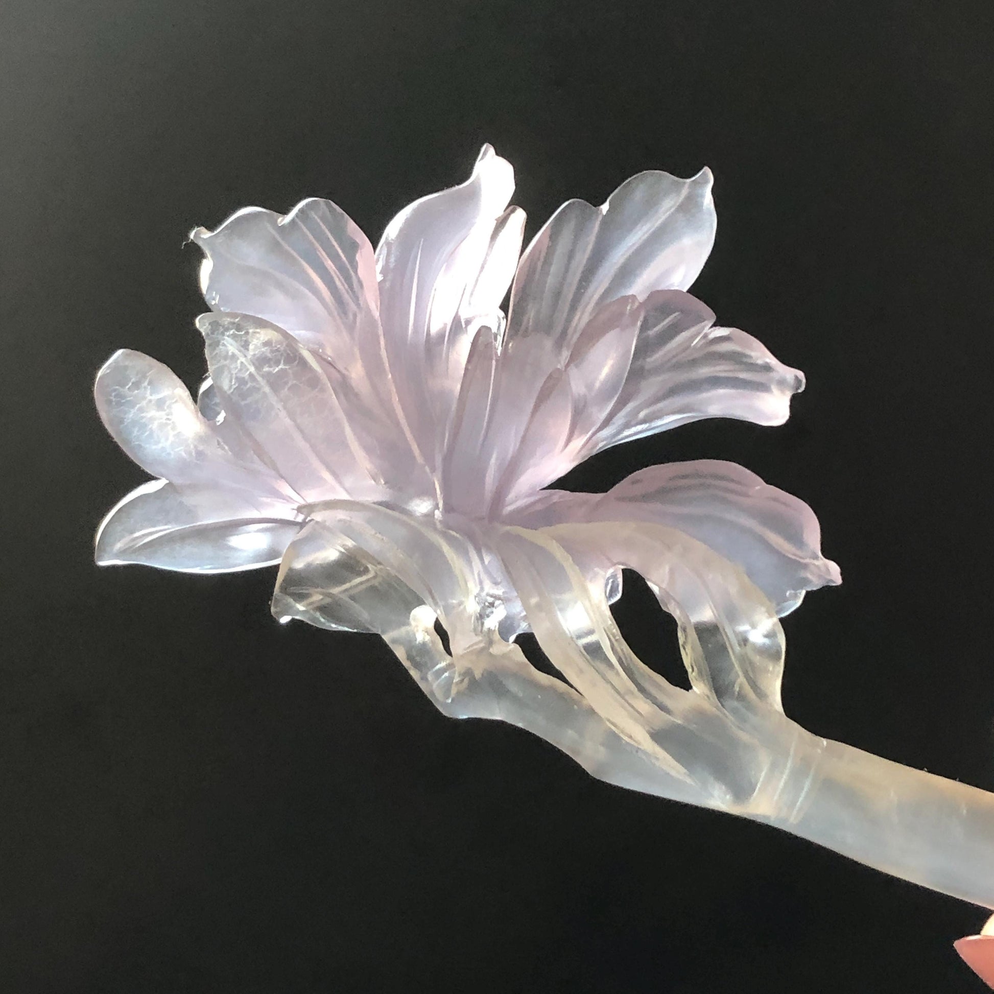 Fluorite Hand Carved Iris Flower Hair Pin: Natural Purple and White Crystal Hanfu Handcrafted Hair Stick in Asian Chinese Vintage Style Handcrafted Hair Fork Bridal Wedding Headpiece gift for her japanese hairpin korean hair stick chinese hair fork vintage hair comb antique hair pins hanfu hair stick bridal shower hair jewelry wedding headpiece bridal shower gift engagement hair accessory jade carving hand engraved purple crystal untreated natural crystal hairpin Iris carving flower hairpin